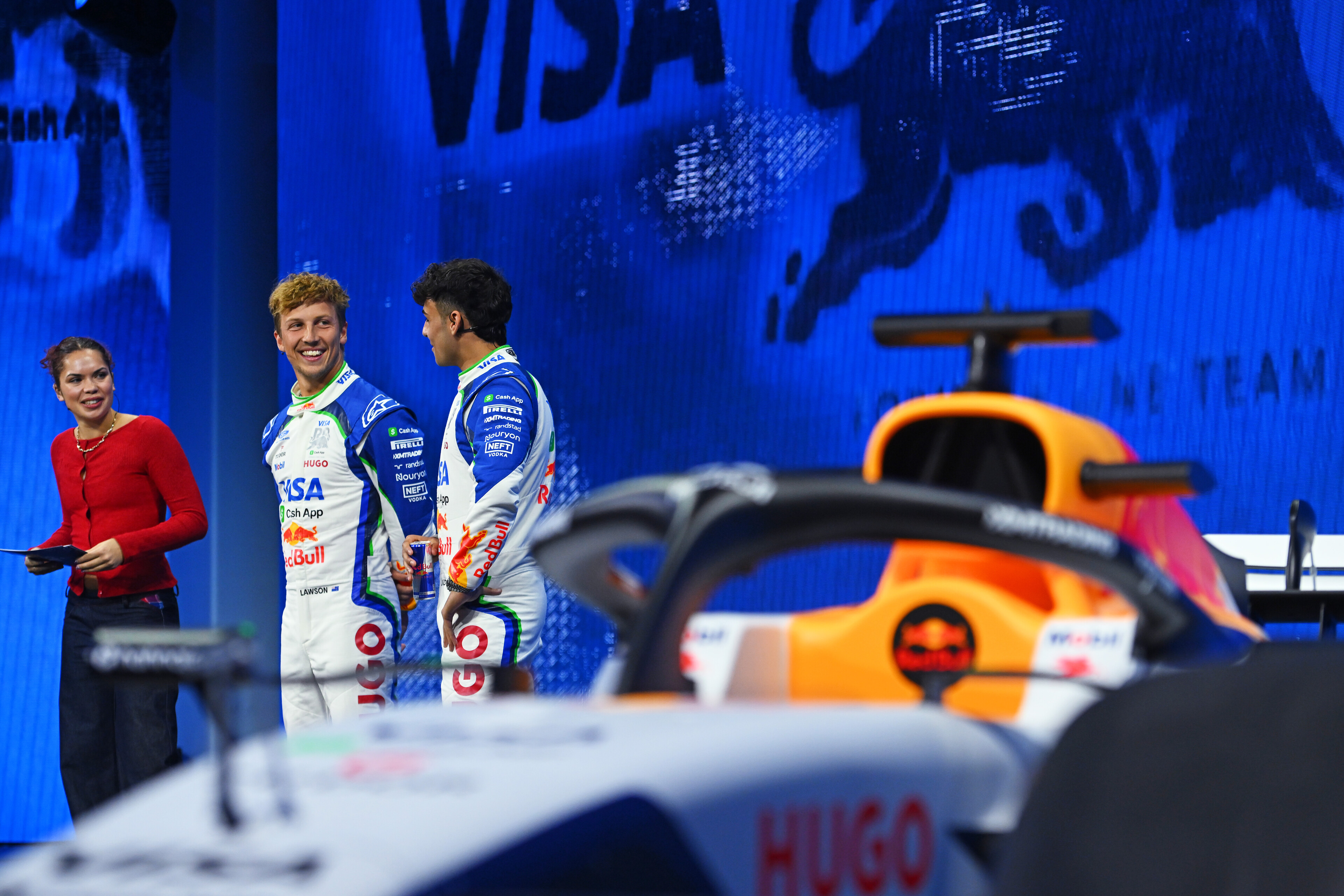 Liam Lawson and Arvid Lindblad unveil Racing Bulls' 2026 Formula One car, the VCARB03. Photo / Red Bull