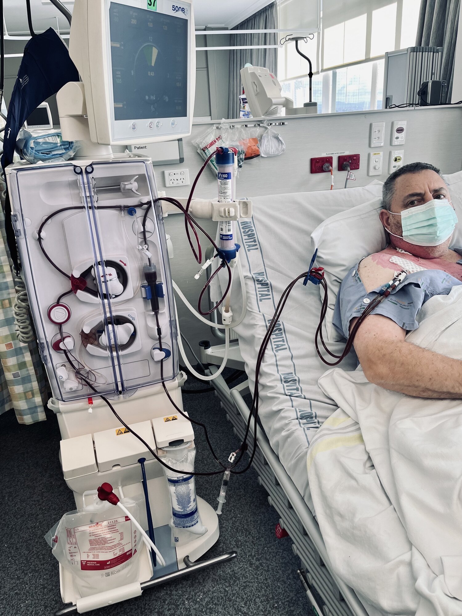 Brizzle in hospital during his haemodialysis.