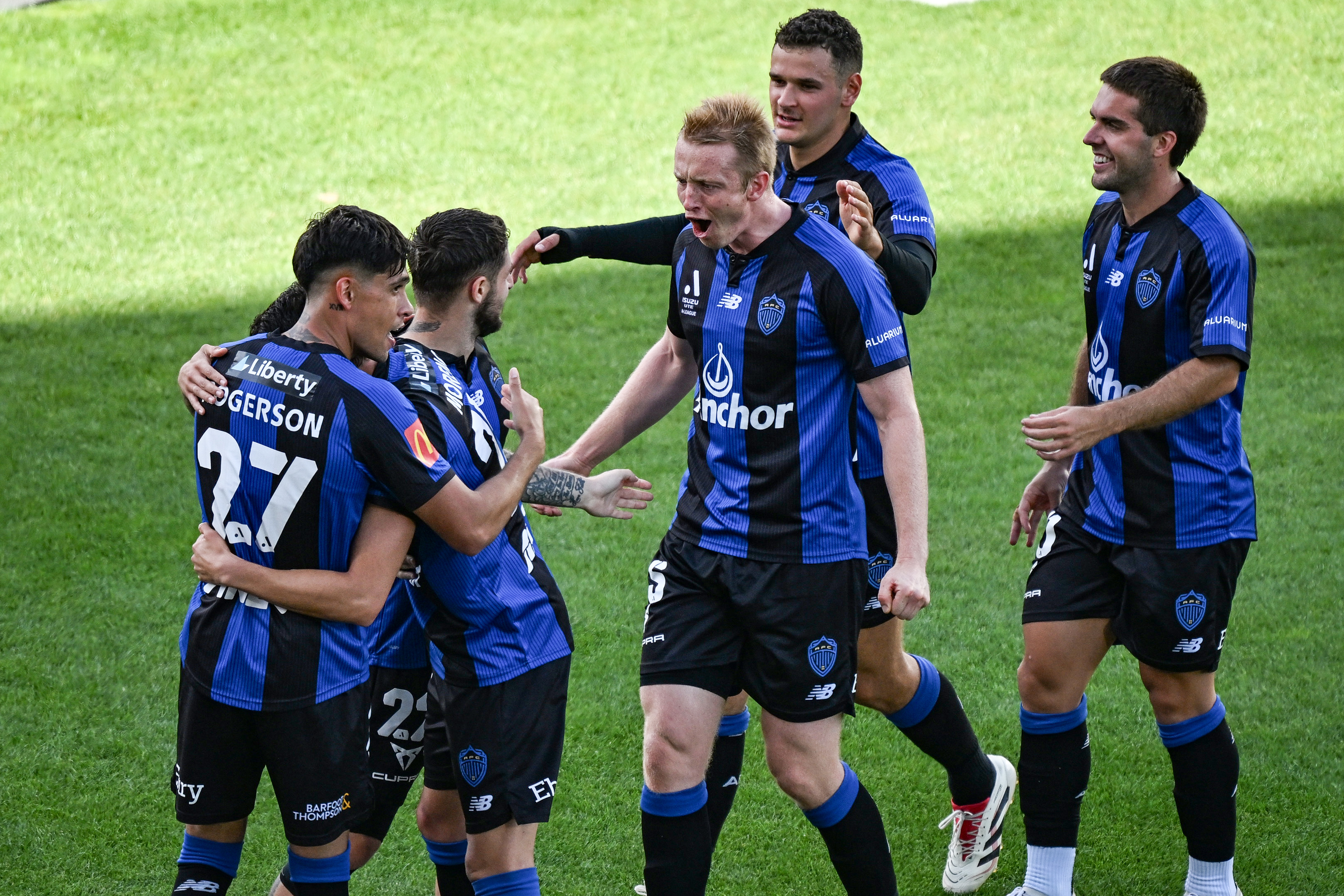 Auckland FC celebrate a goal by Neyder Moreno. Photo / Photosport