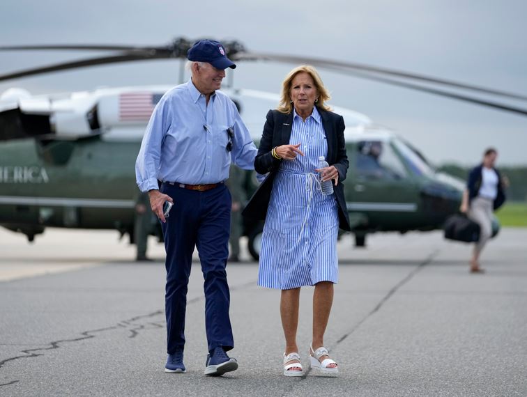 US President Joe Biden and First Lady Jill Biden walk to board Air Force One for departure from Gainesville Regional Airport after surveying damage caused by Hurricane Idalia. Photo / AP