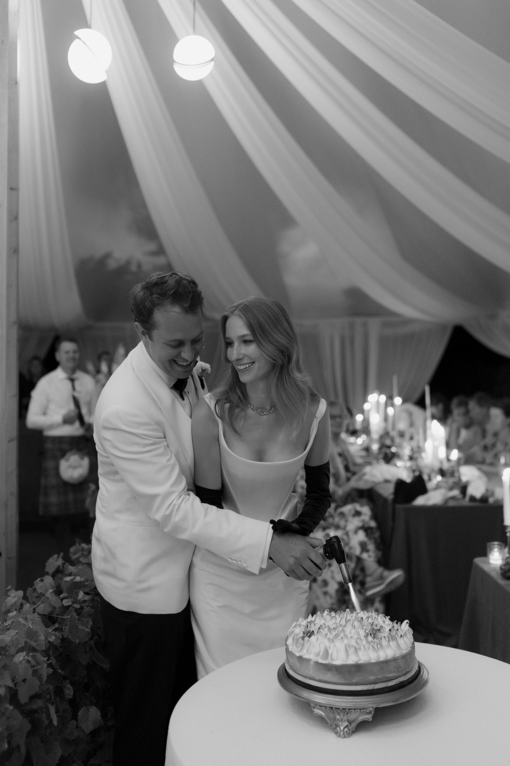 Adding heat to the event, the couple torched a vanilla meringue pie instead of a traditional wedding cake. Photo / Danelle Bohane