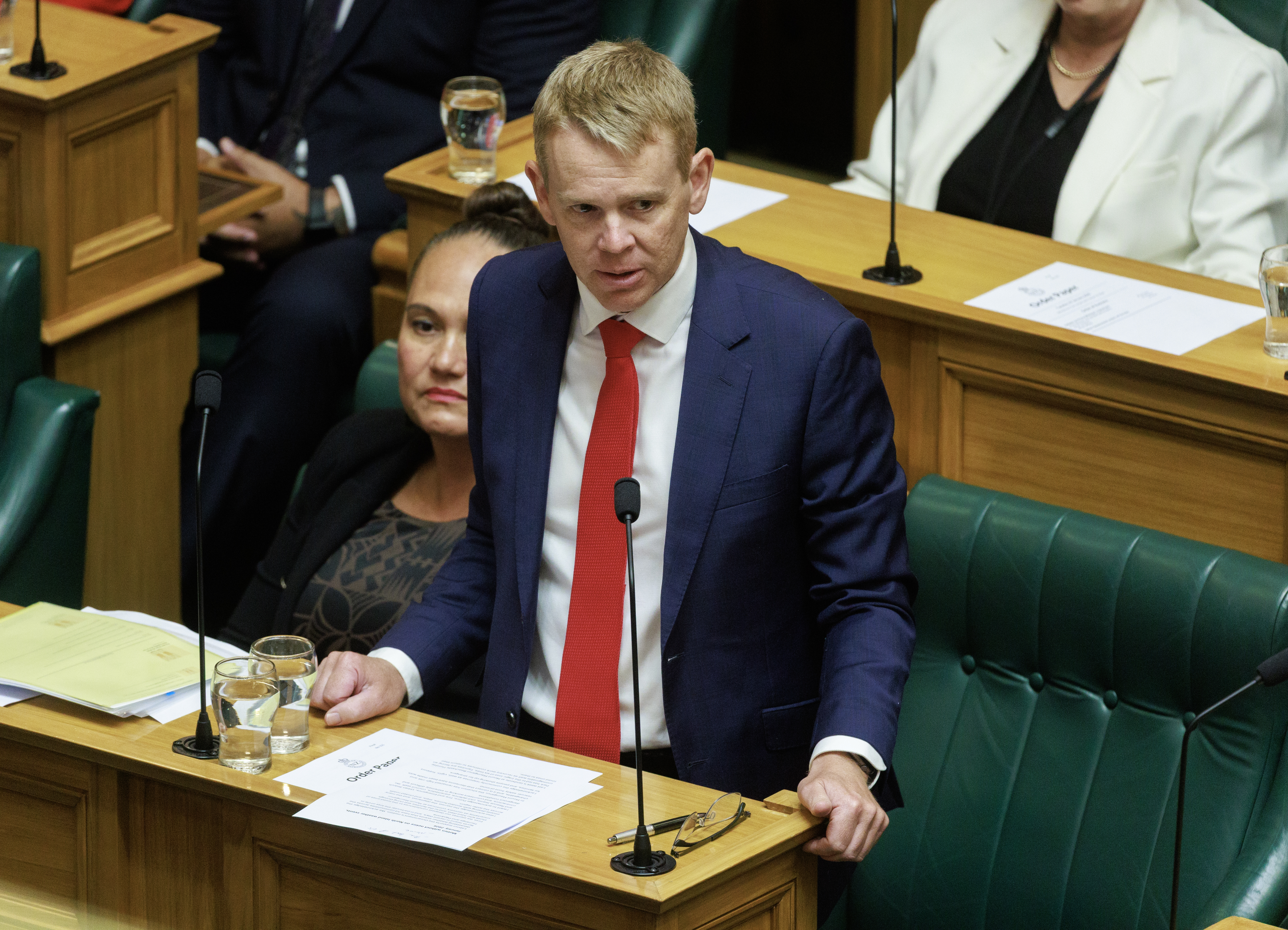 Labour leader Chris Hipkins speaking during a motion on the recent weather events in Parliament. Photo / Mark Mitchell