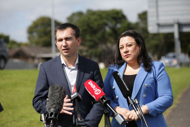 Transport Minister Simeon Brown and Takanini MP Rima Nakhle at today's press conference. Photo / Sylvie Whinray