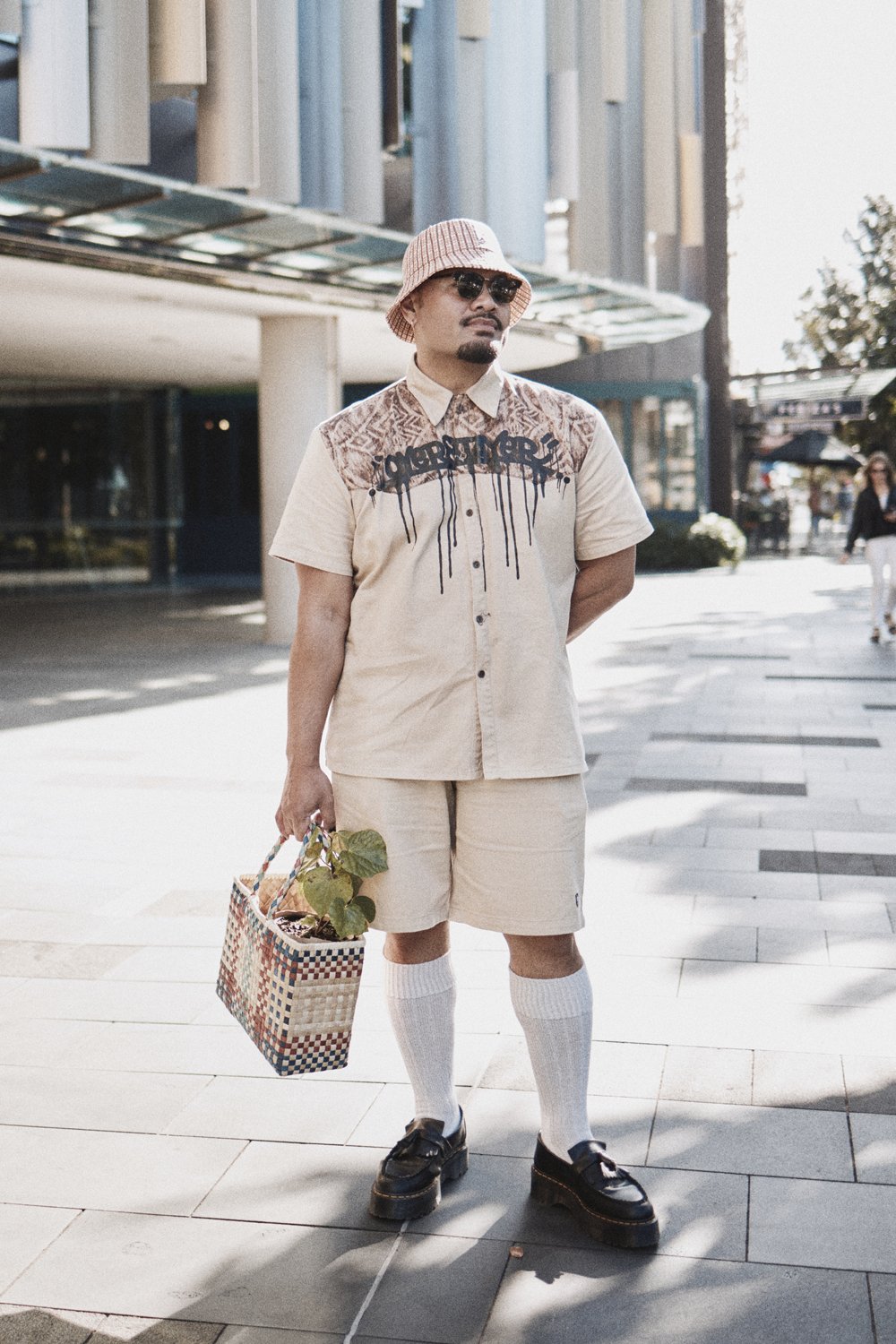 New Zealand Fashion Week: Kahuria ambassador, costume designer and stylist Sammy Salsa wearing vintage Overstayer by King Kapisi. Photo / Hōne Naera-Scott