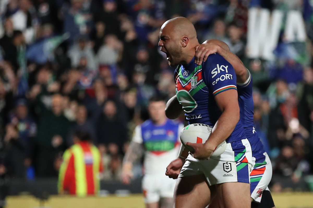 Dylan Walker of the Warriors celebrates his try during the NRL elimination final match between the New Zealand Warriors and the Newcastle Knights. Photo / Photosport