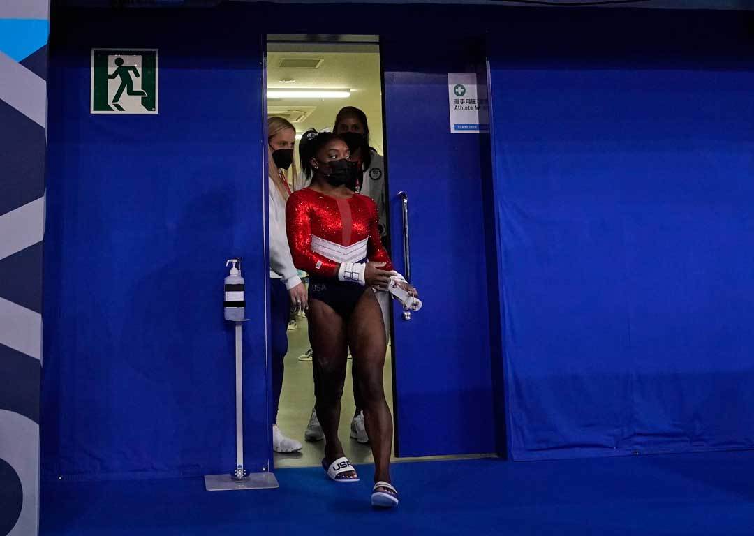 Simone Biles, of the United States, enters the court for the artistic gymnastics women's final at the 2020Tokyo Olympics. Photo / AP