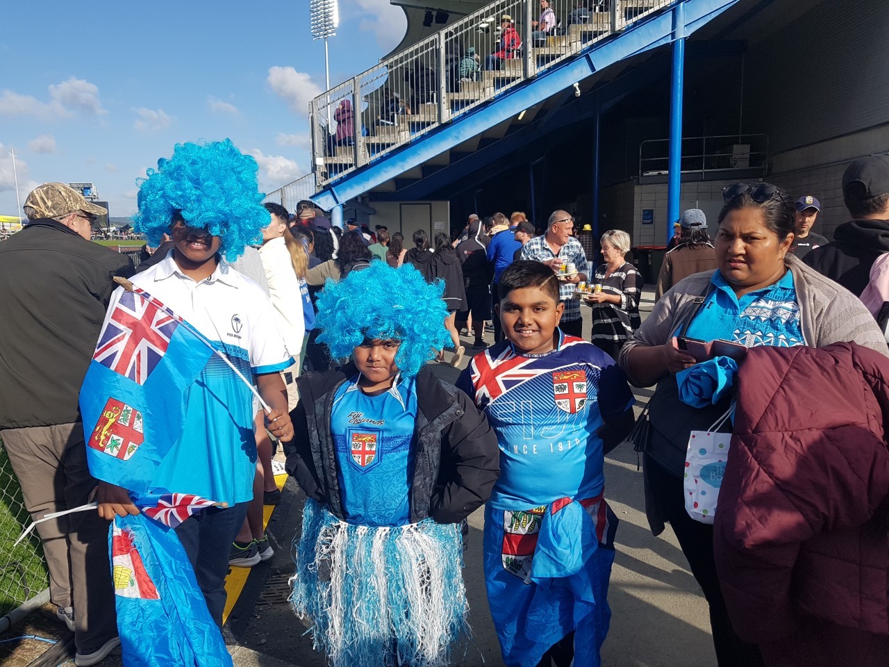 Whangārei Fijians Kunal, Sarvag, Anur and Ragni Shankar get ready to support their team in their game against France. Photo / Mike Dinsdale
