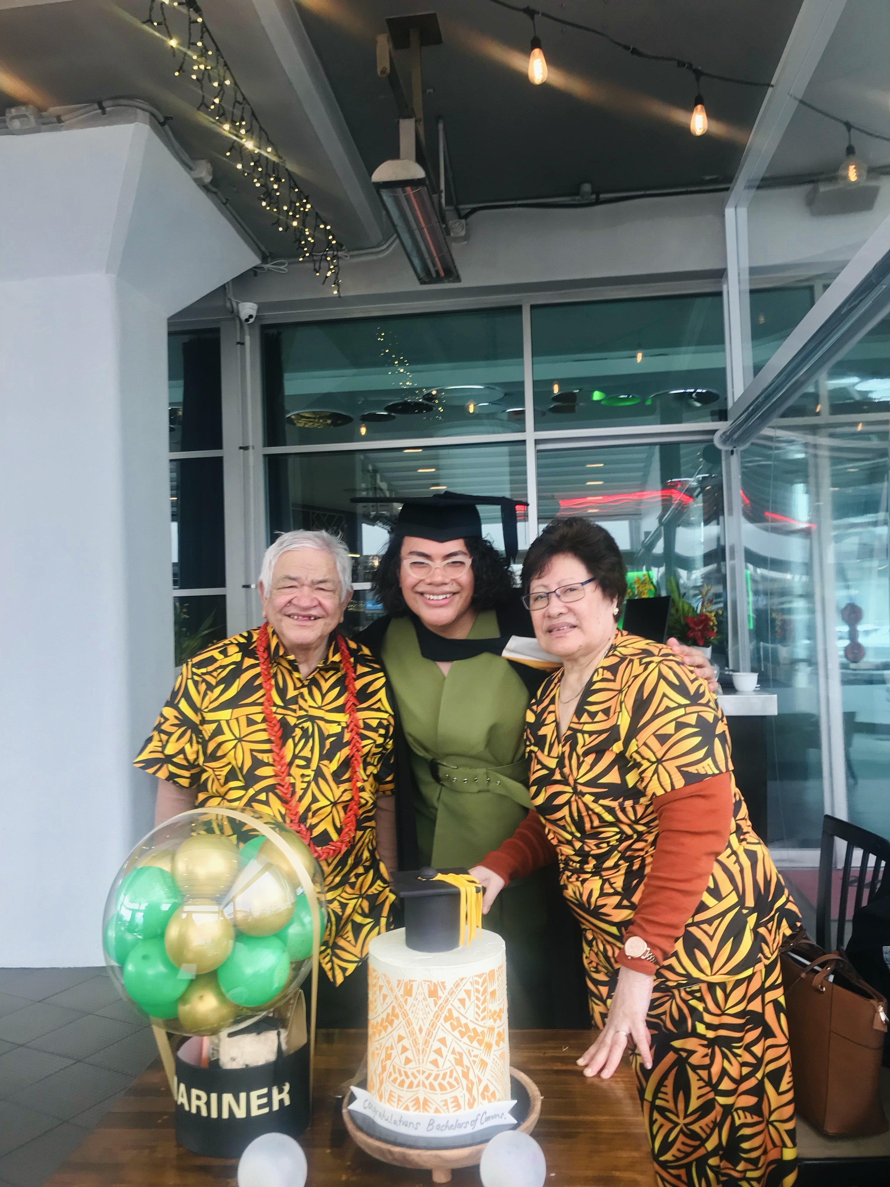 Mariner Fagaiava pictured with proud grandpa Fepulea'i Fa'aso'otauloa Galo and grandmother Finau after graduating with a Bachelor of Communication Studies from AUT. Photo / Supplied