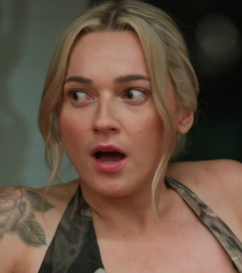 Tori Adams is shocked after Cassandra Allen speaks up at the dinner party. Photo / Warner Bros Discovery