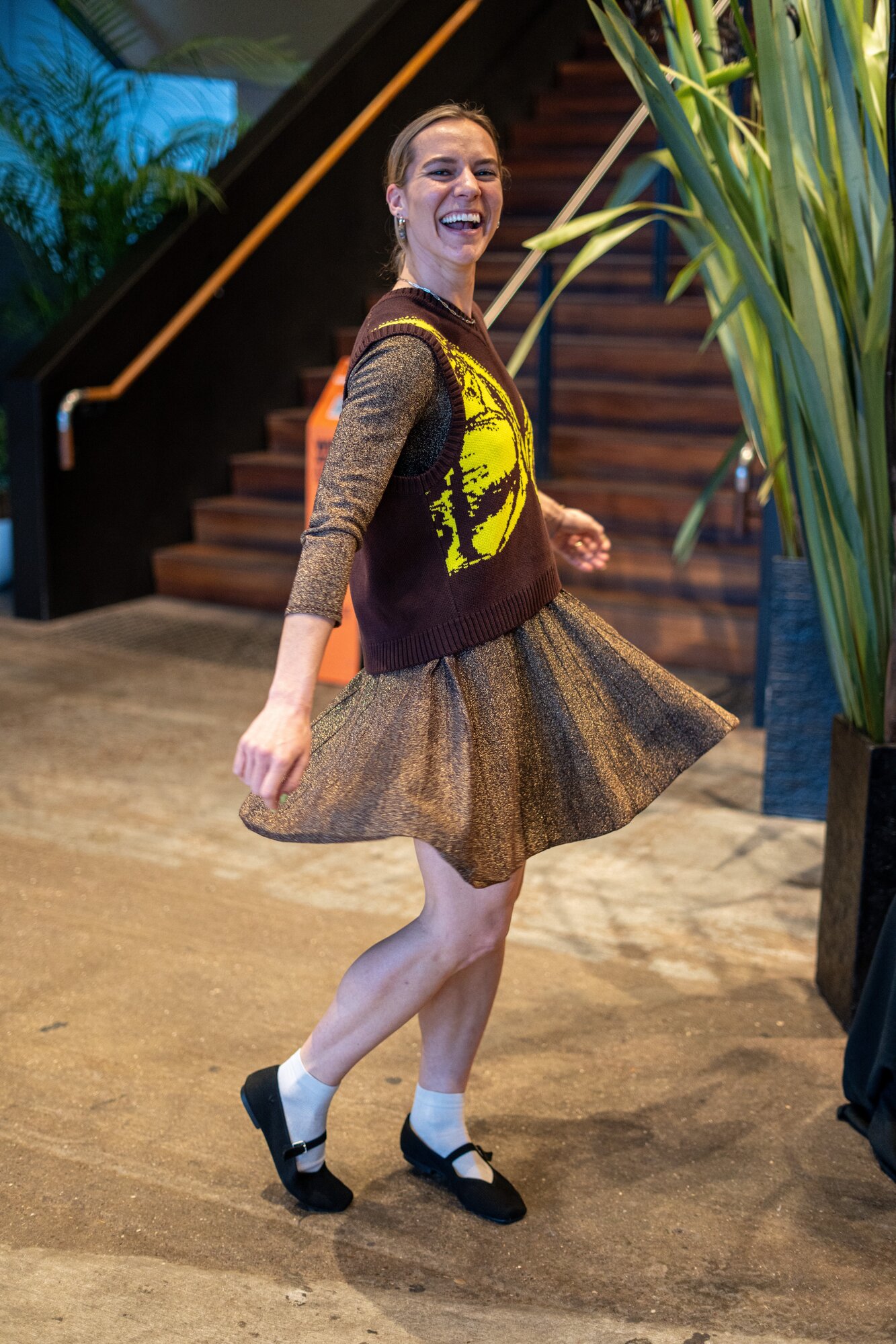 At the Kowtow NZ Designer Clothing Swap, Liv Sisson dons a Kowtow vest and scrunchie, and shoes picked up on a trip to France (after seeing paid advertising for them on Instagram while at home). Photo / Alyse Wright 