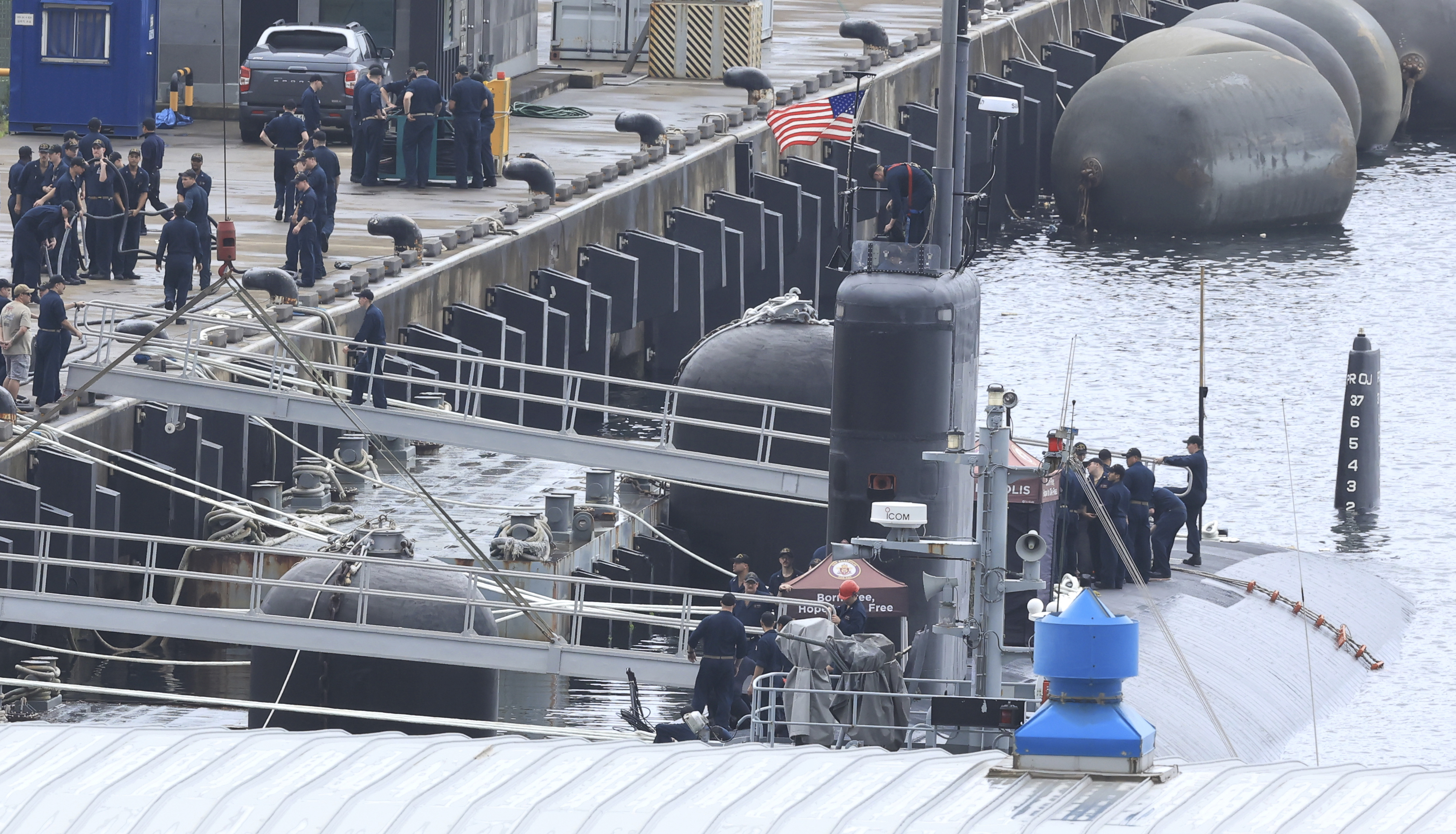 The USS nuclear-powered submarine USS Annapolis docks at a South Korean naval base on Jeju Island in South Korea. Photo / Park Ji-ho, Yonhap via AP