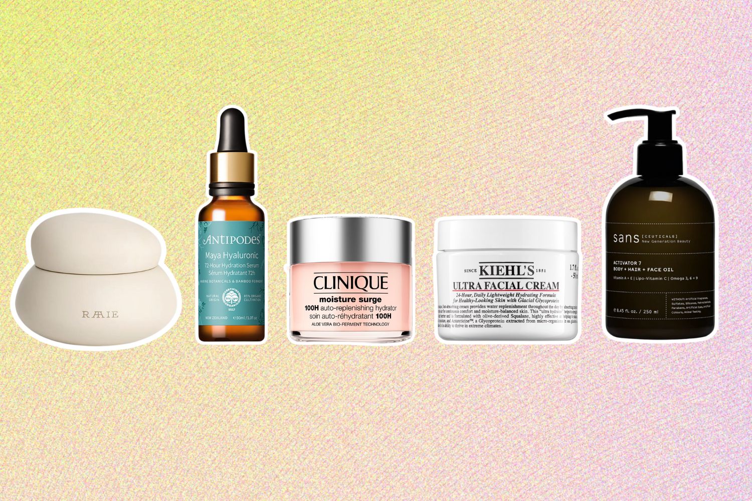 From left: Raaie Cocoon Ceramide Cream; Antipodes Maya Hyaluronic 72-Hour Hydration Serum; Kiehl's Ultra Facial Cream; Clinique Moisture Surge 100H Auto-Replenishing Hydrator; Sans Activator 7 Body + Hair + Face Oil.