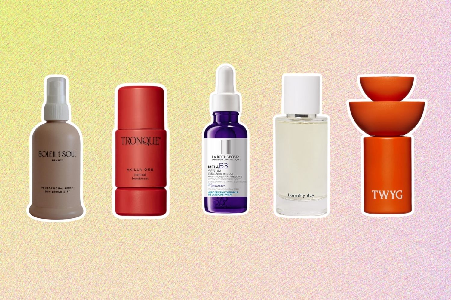 From left: Soleil and Soul Professional Quick Dry Mist; Tronque Natural & Refillable Deodorant; La Roche Posay MelaB3 Serum; Abel Laundry Day; TWYG bioactive totarol.