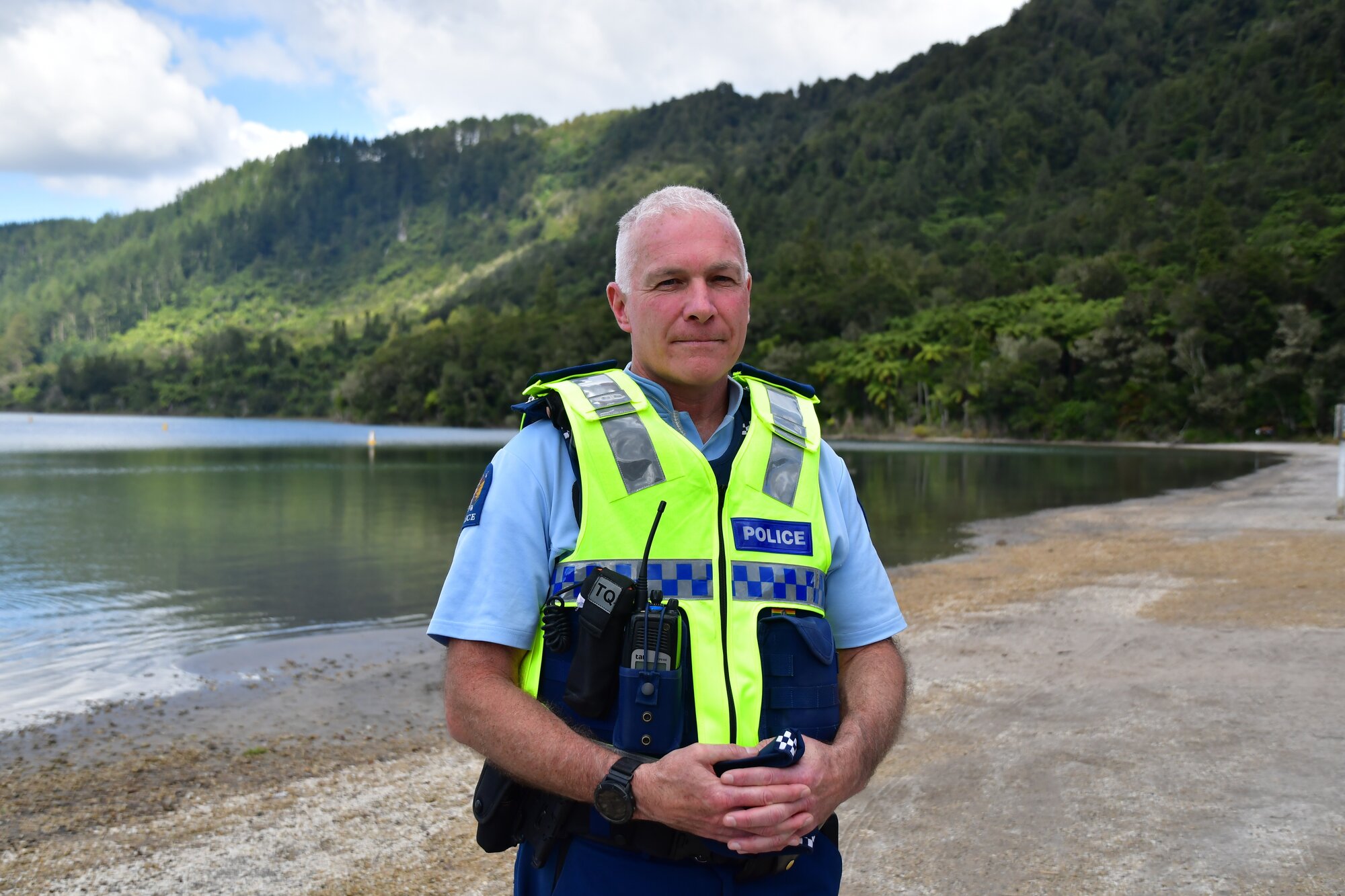  Bay of Plenty Police acting district commander Lincoln Sycamore at Blue Lake near Lake Rotokakahi. Photo / Laura Smith