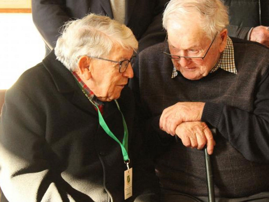 Enjoying a catch-up at the Marist Rugby Club centenary celebrations are former player, coach and All Black Bill McCaw (93, left) and former Marist player Tony Fahey (88). Photo / Karen Pasco.