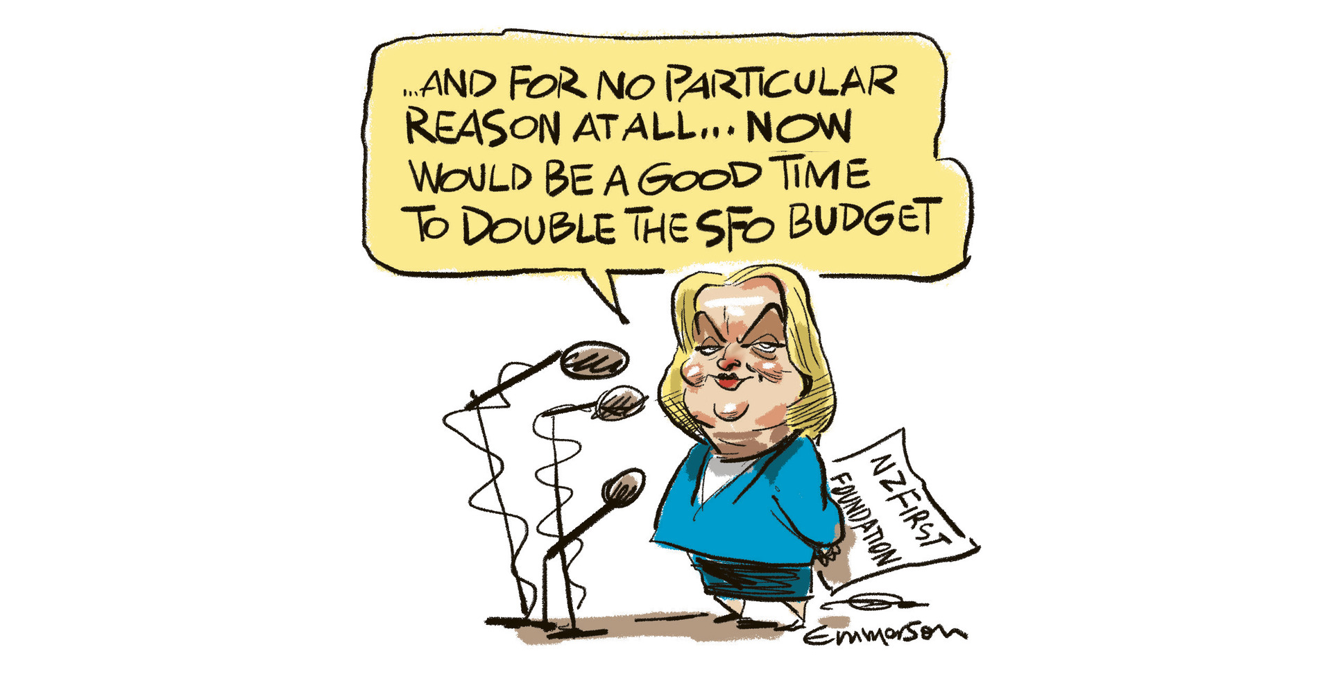 National Party leader Judith Collins promised to double the SFO's budget on the same day it was announced charges were filed over NZ First Foundation donations. Illustration / Rod Emmerson