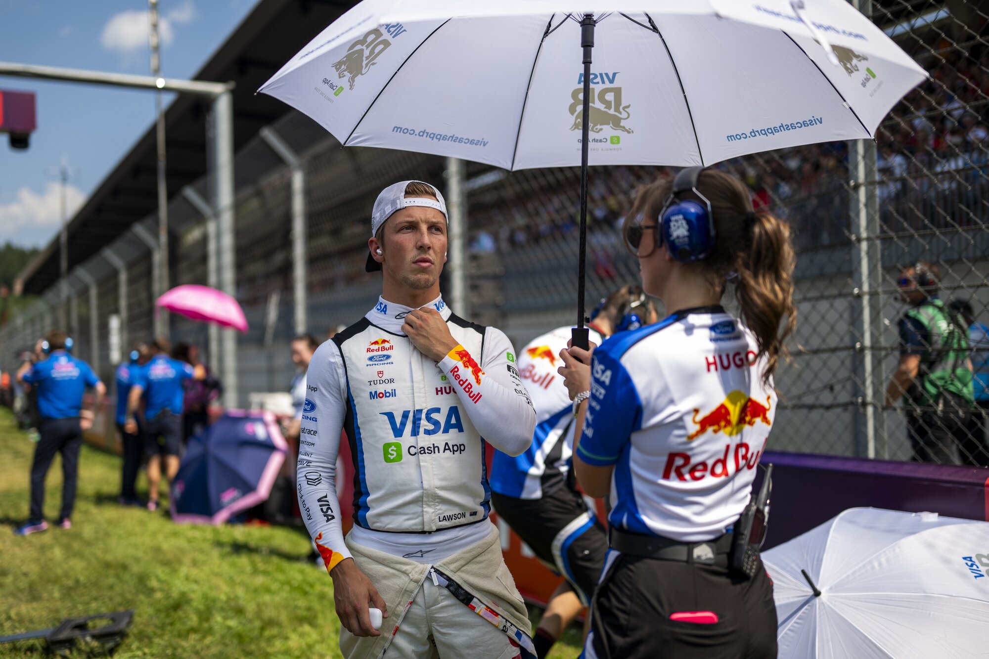 Liam Lawson keeps cool in a break at the Austrian Grand Prix. Photo / Red Bull