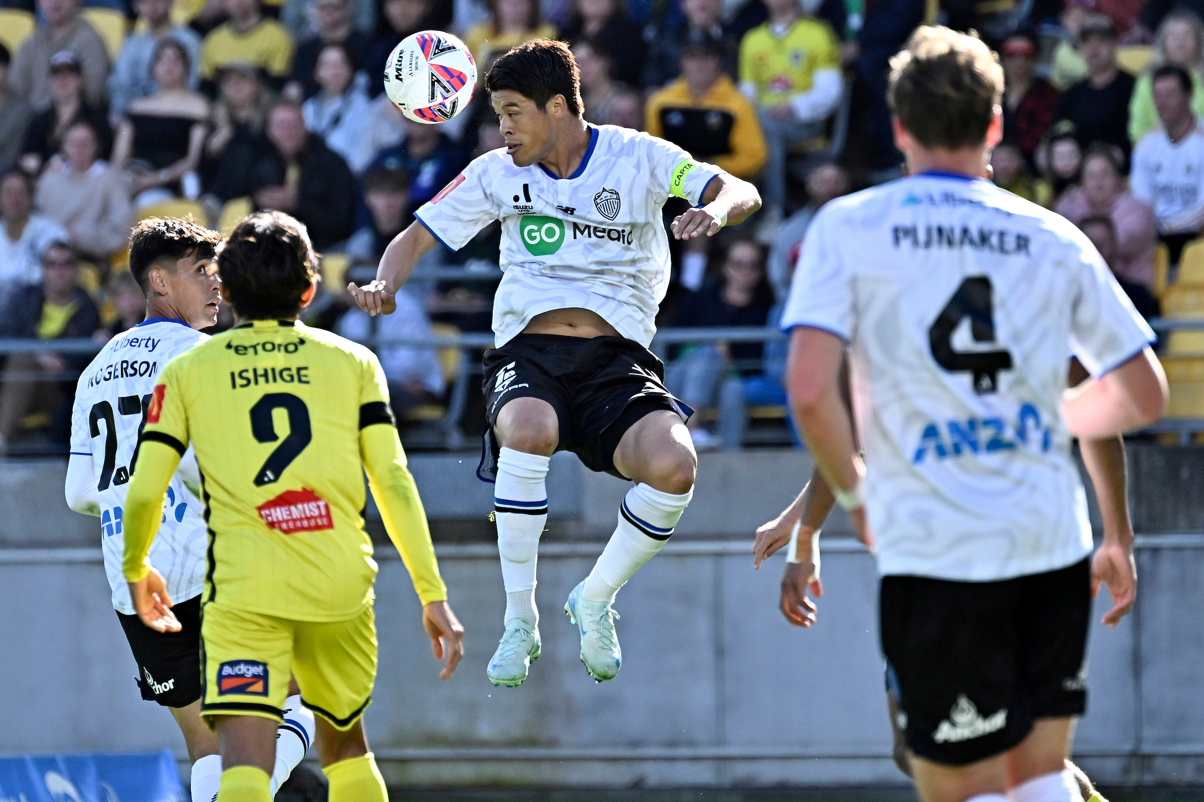 Auckland FC captain Hiroki Sakai wins a header in the first Kiwi A-League derby against the Wellington Phoenix in Wellington. Photo / Photosport