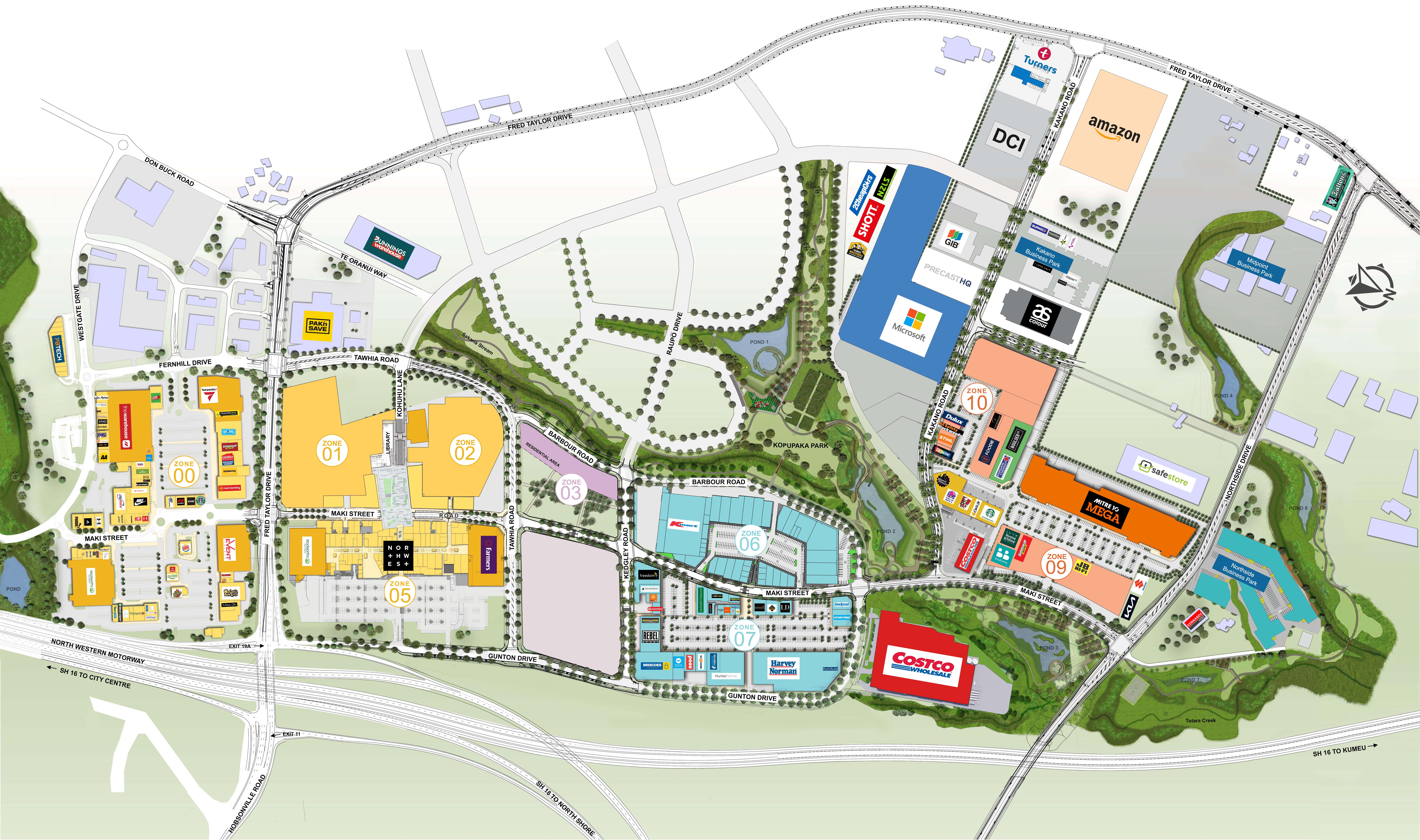 A New Zealand Retail Property Group map of existing and new projects at the firm's Westgate Town Centre development in northwest Auckland. Image / NZRPG website