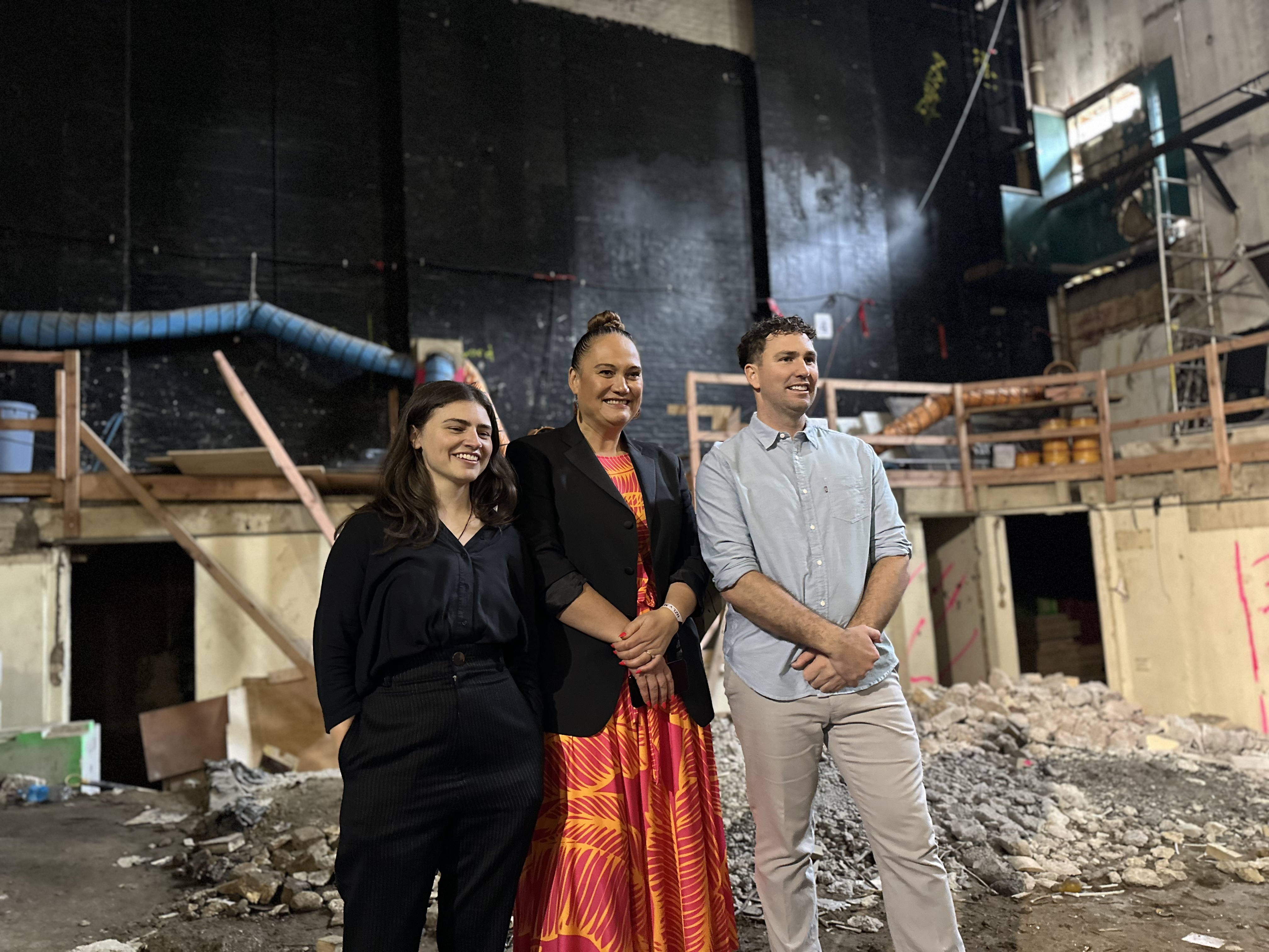 Chlöe Swarbrick, Carmel Sepuloni and Steve Bielby in the St James auditorium in 2023.