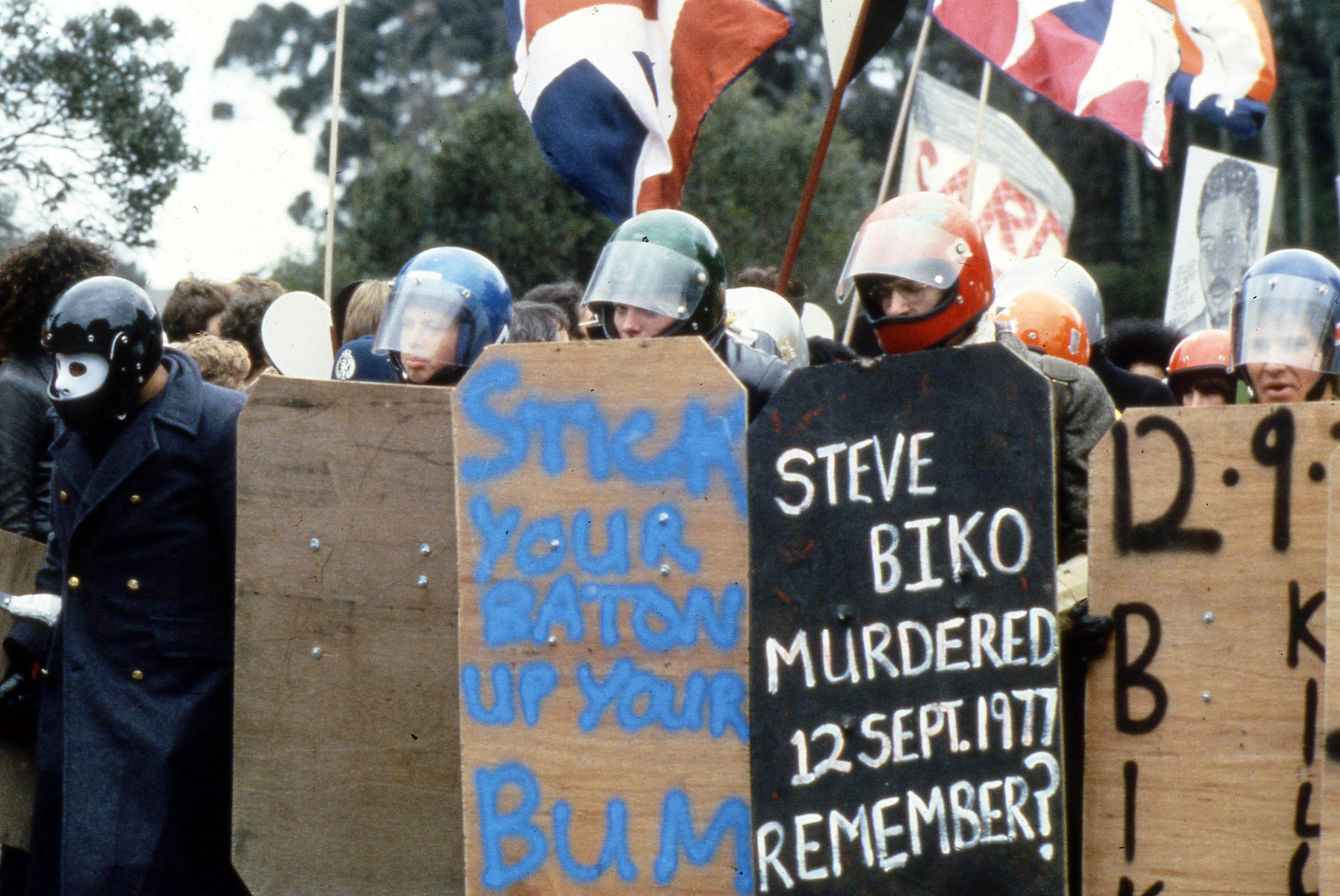 Protestors wearing protective gear near Eden Park before kick-off in the final test of the 1981 Springbok tour. Photo / NZPA