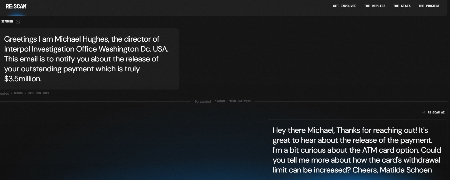 ReScam in action. Its AI, drawing on ChatGPT, engages a scammer in an endless conversation. Image / Netsafe