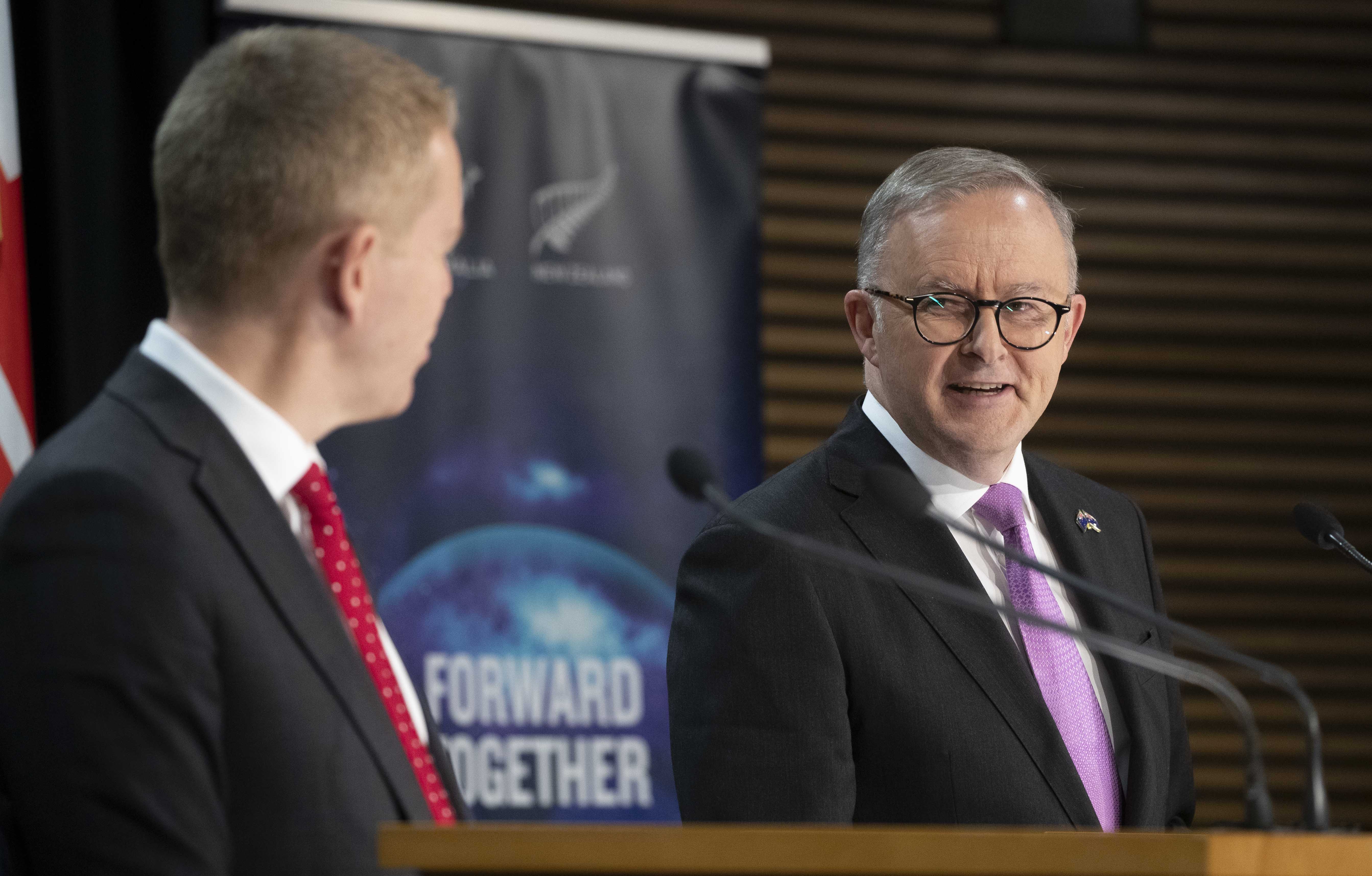 Prime Minister Chris Hipkins and Australian Prime Minister Anthony Albanese during their joint press conference at Parliament. Photo / Mark Mitchell