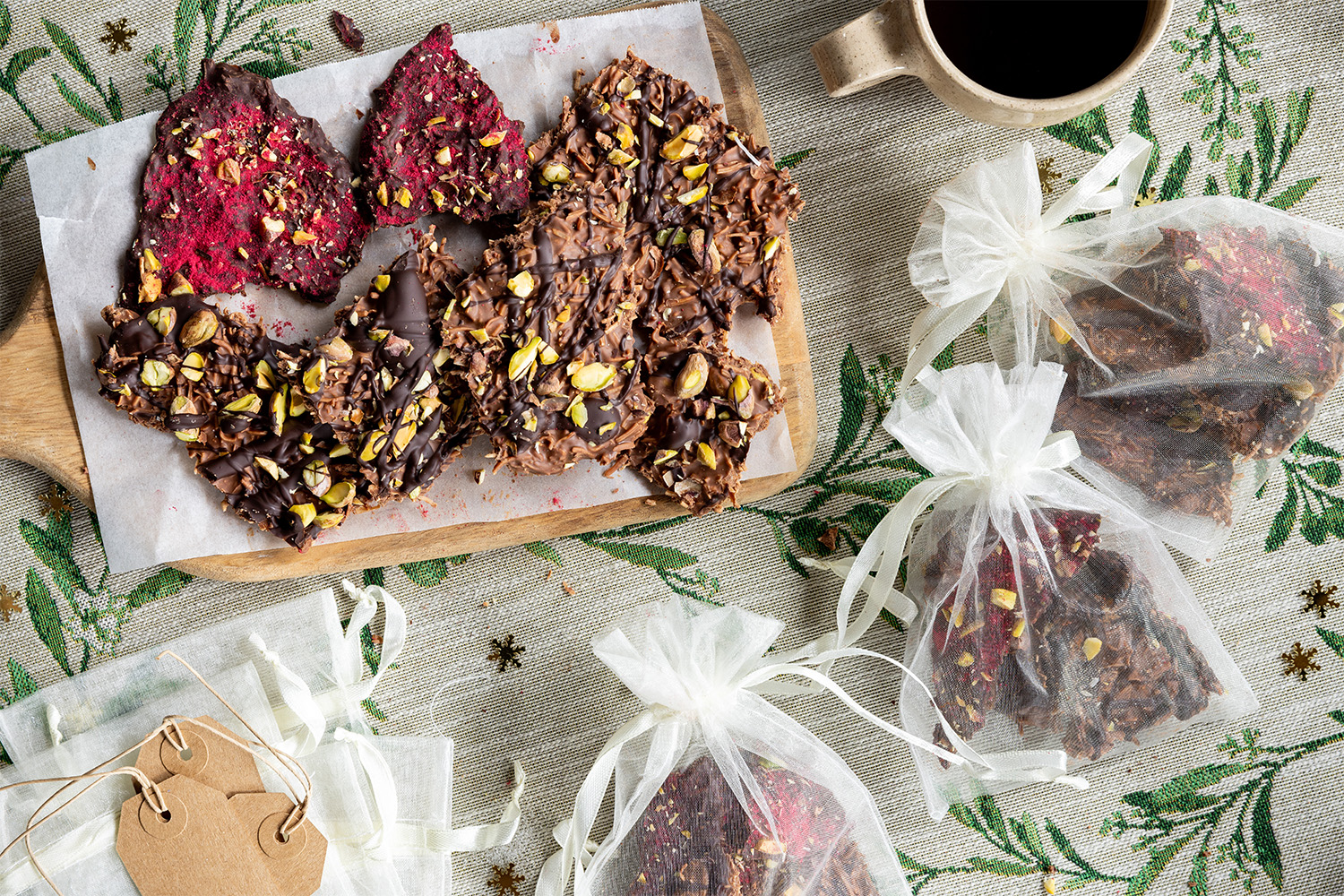 Package these pretty chocolate shards with festive adornments. Photo / Babiche Martens
