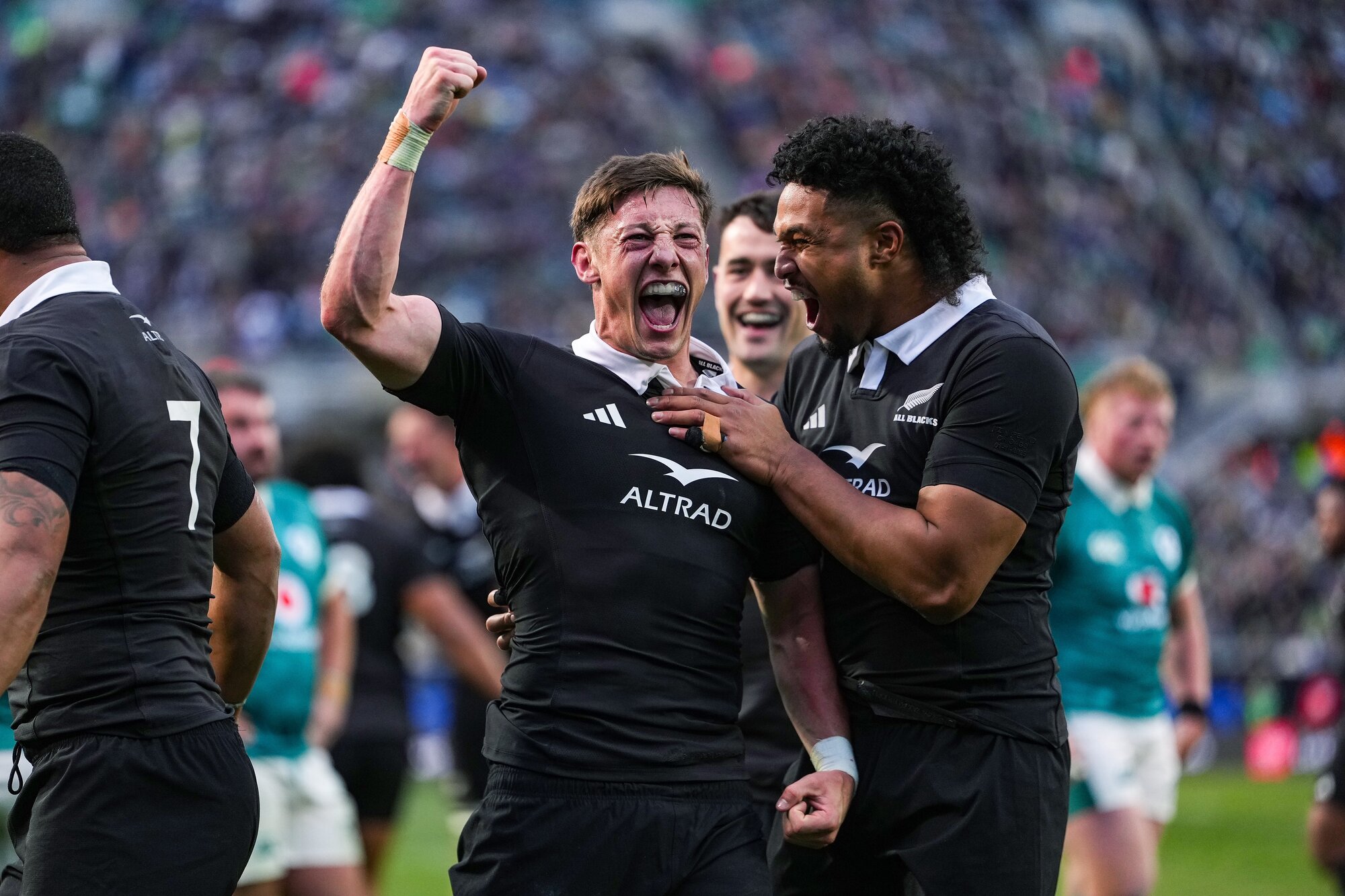 Cam Roigard celebrates scoring a decisive try for the All Blacks against Ireland in Chicago. Photo / Photosport