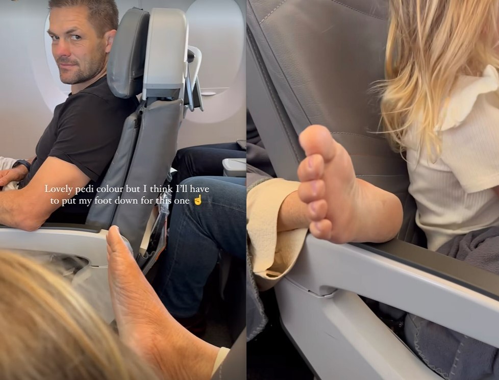 Gemma McCaw kept fans updated about 'footgate' throughout the family's long haul flight to France. Photo / Instagram