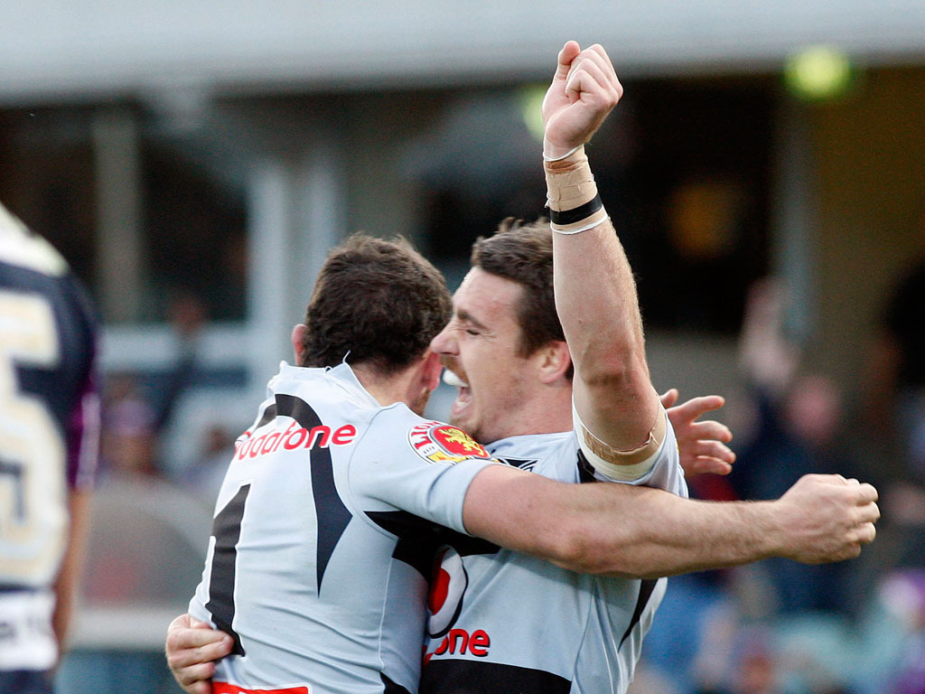 Michael Witt celebrates his last minute try against the Storm in 2008. Photo / Photosport