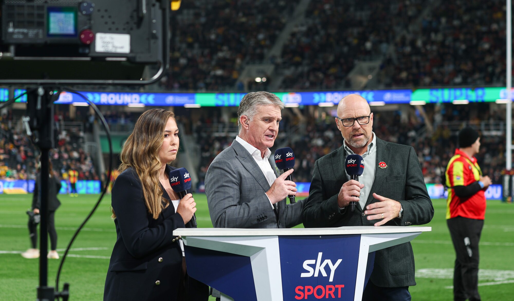 Sky Sport presenters Kirstie Stanway (from left), Tim Horan and Jeff Wilson hosted day two of Super Round coverage in Christchurch. Photo / Alyse Wright