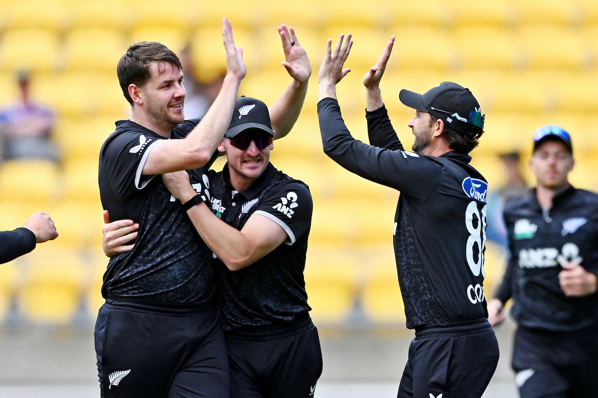The Black Caps celebrate a Jacob Duffy wicket in the third ODI against England. Photo / Photosport
