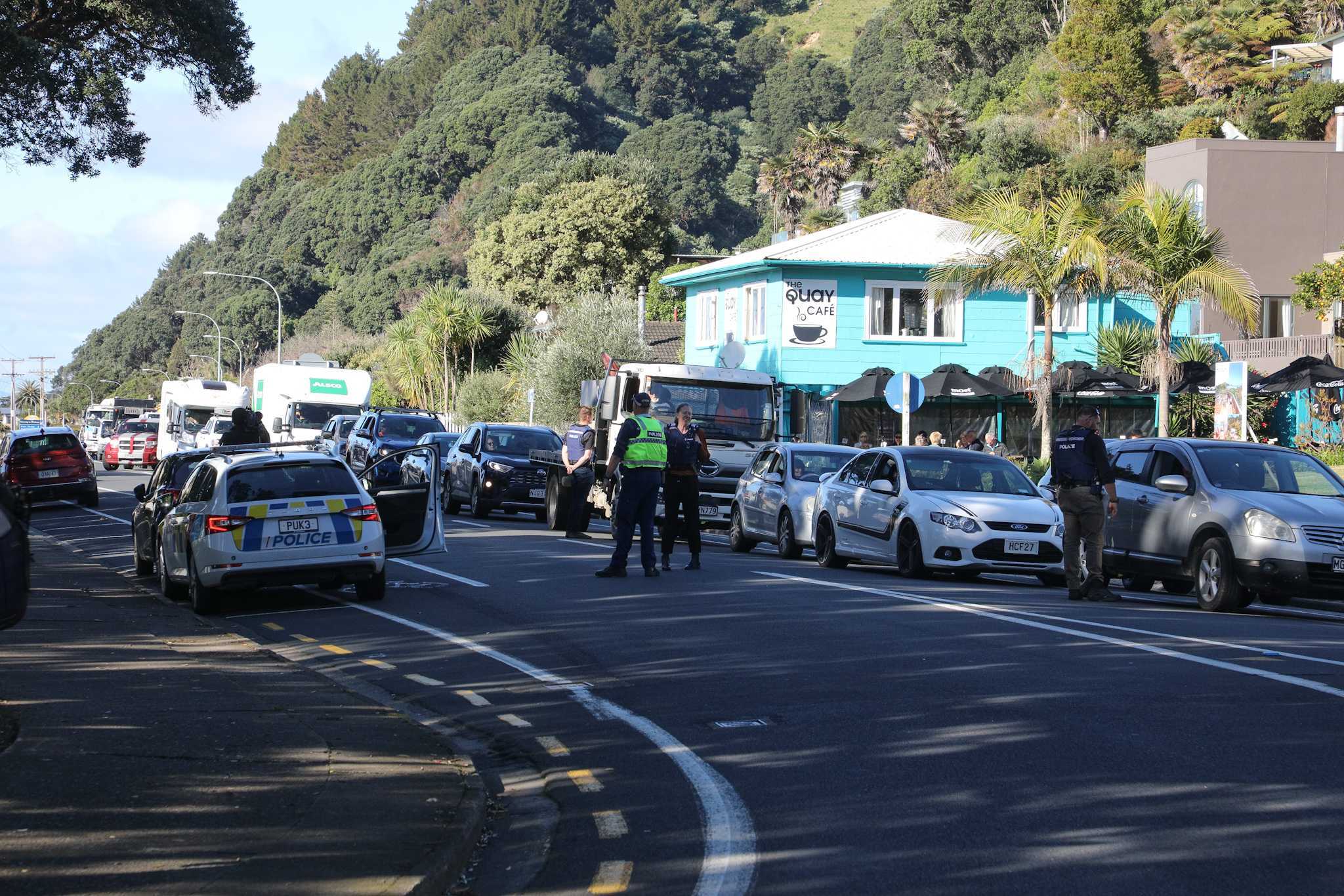 Traffic held up on Pōhutukawa Ave, Ōhope as Ōhope Rd is closed for the funeral of Mongrel Mob Barbarians president Steven Taiatini. Photo / Andrew Warner