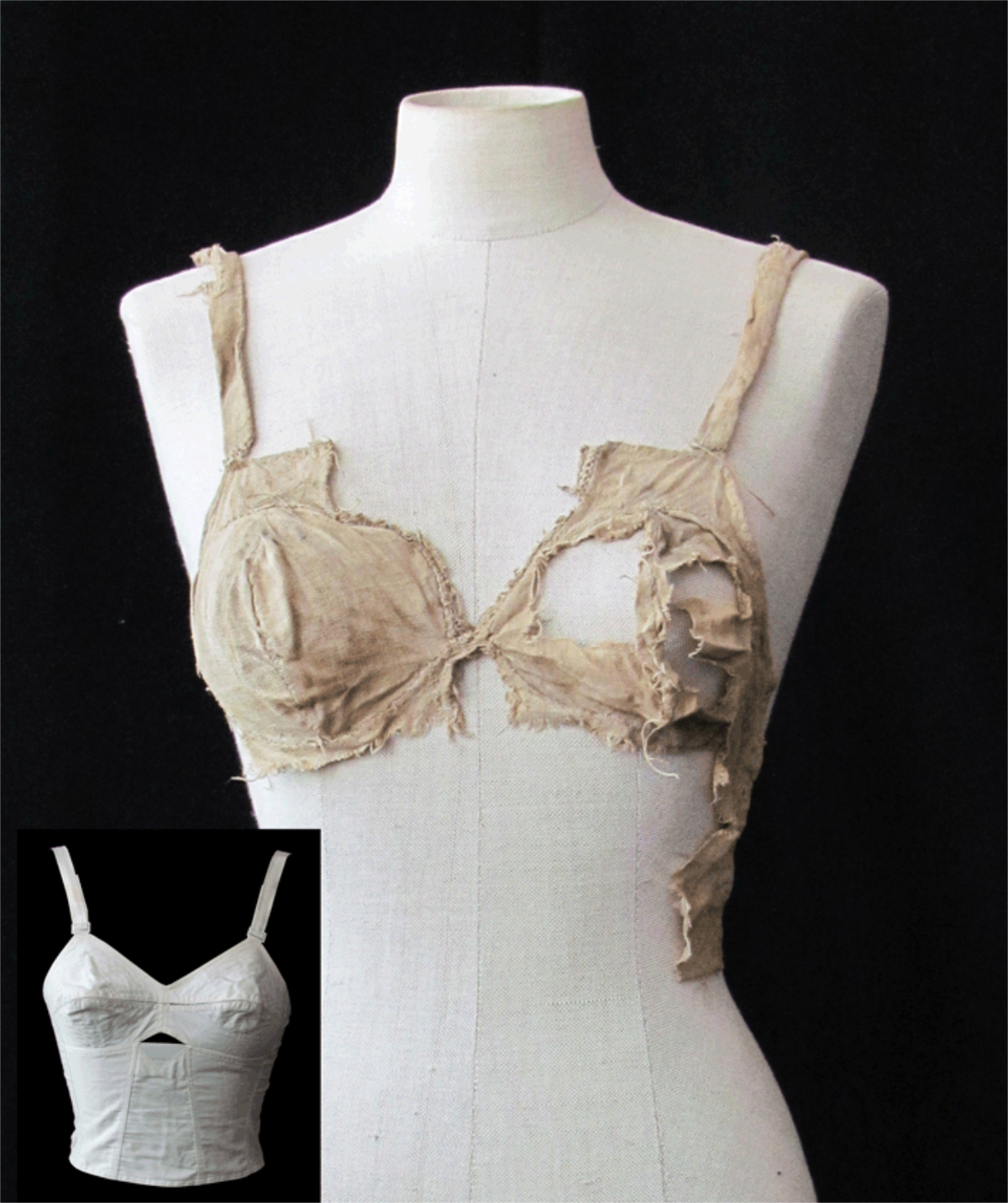 A 15th-century bra found in Lengberg Castle (larger image) in comparison to a bra from the 1950s (smaller image). Photo / Beatrix Nutz, University of Innsbruck