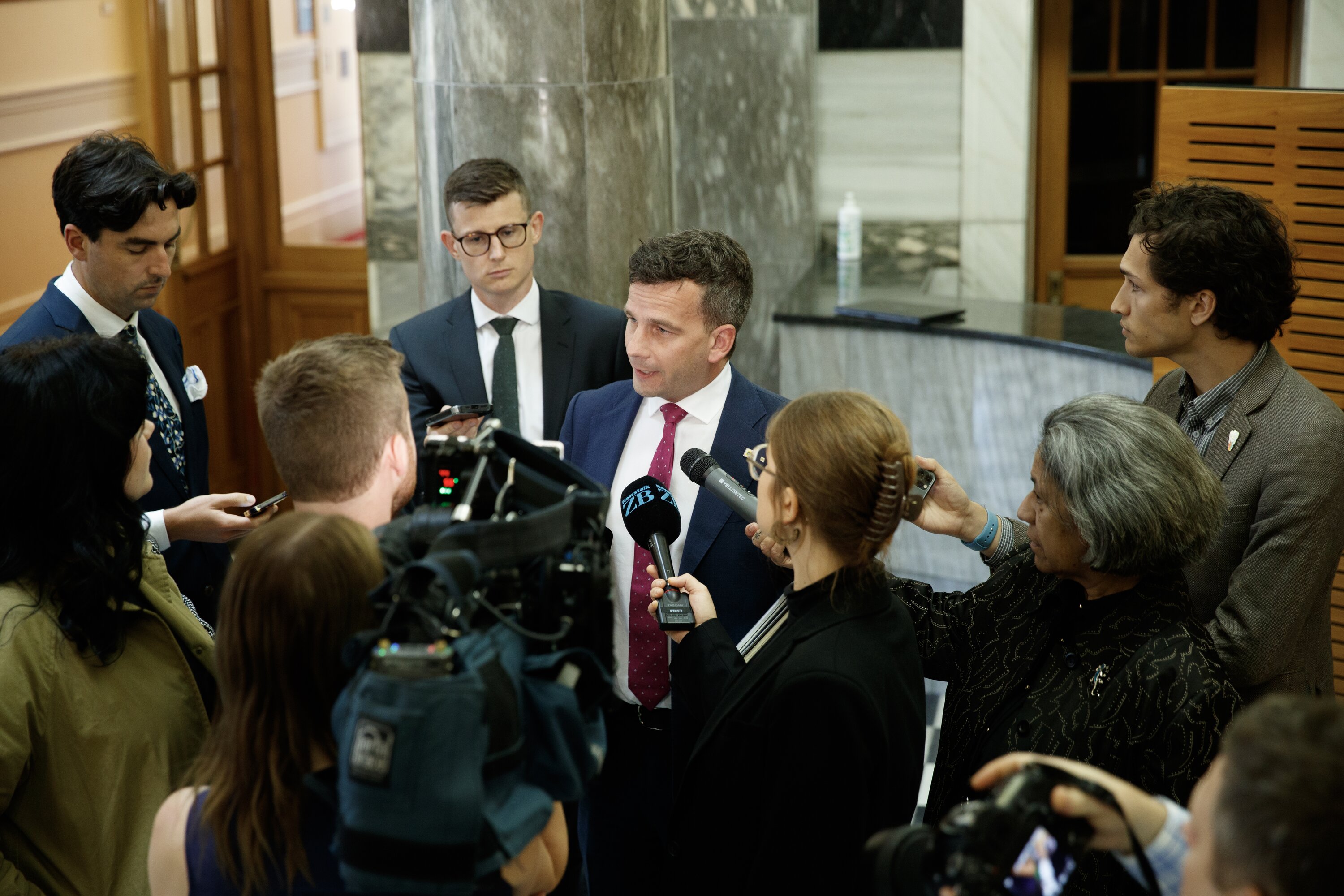 Act leader David Seymour speaking to media on his way into Parliament. Photo / Mark Mitchell  