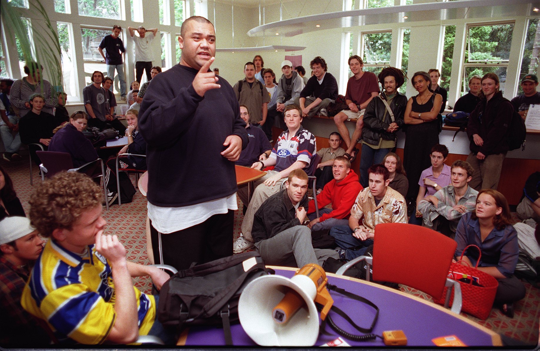Auckland University Student Association President Efeso Collins addresses fellow students in 1999. Photo / Bastiaan Beentjes