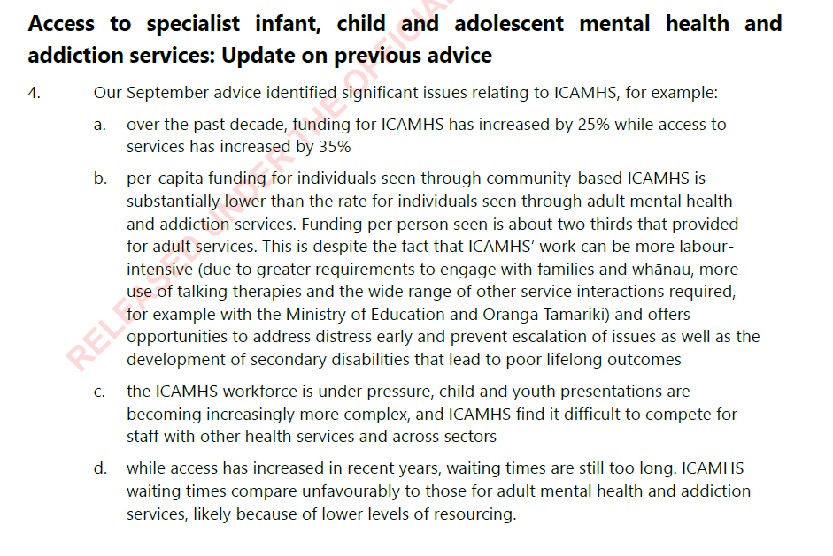 An extract from a briefing by Ministry of Health officials, 'Child and youth mental wellbeing: Information for the Prime Minister', in May.