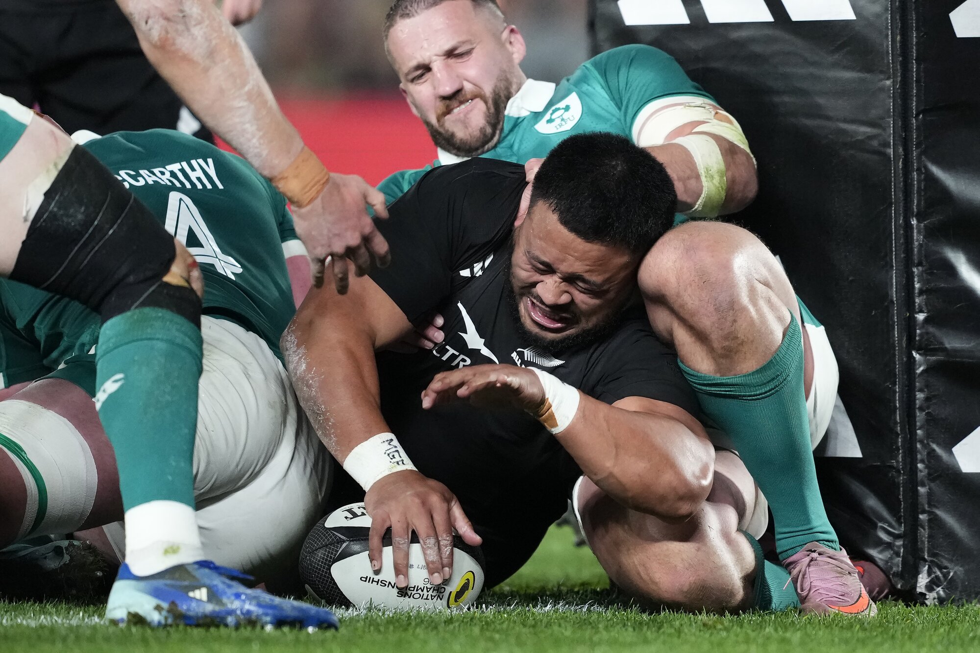 All Blacks replacement hooker Asafo Aumua scores against Ireland at Eden Park. Photo / SmartFrame