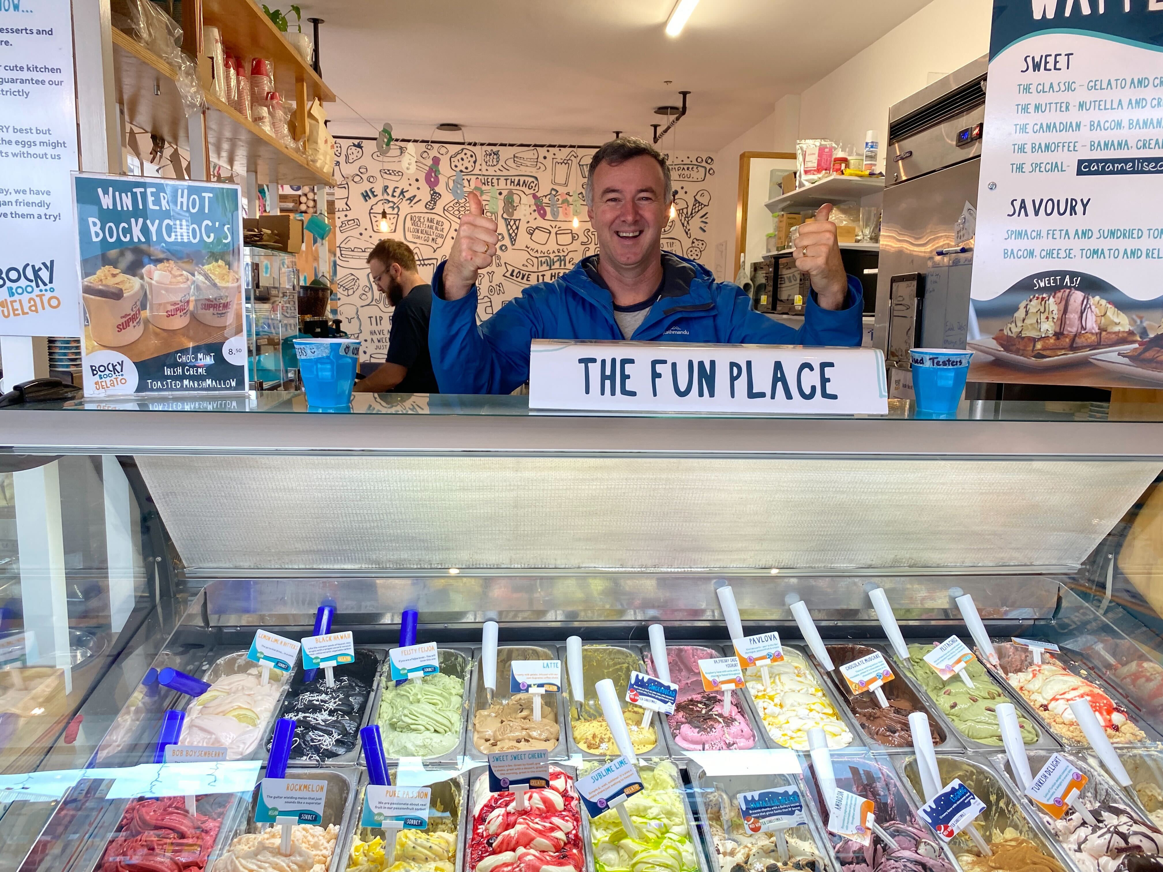 Chris De-Ath from Bocky Boo Gelato said the power was restored in central Whangārei just in time to save his gelato from spoiling. Photo / Denise Piper
