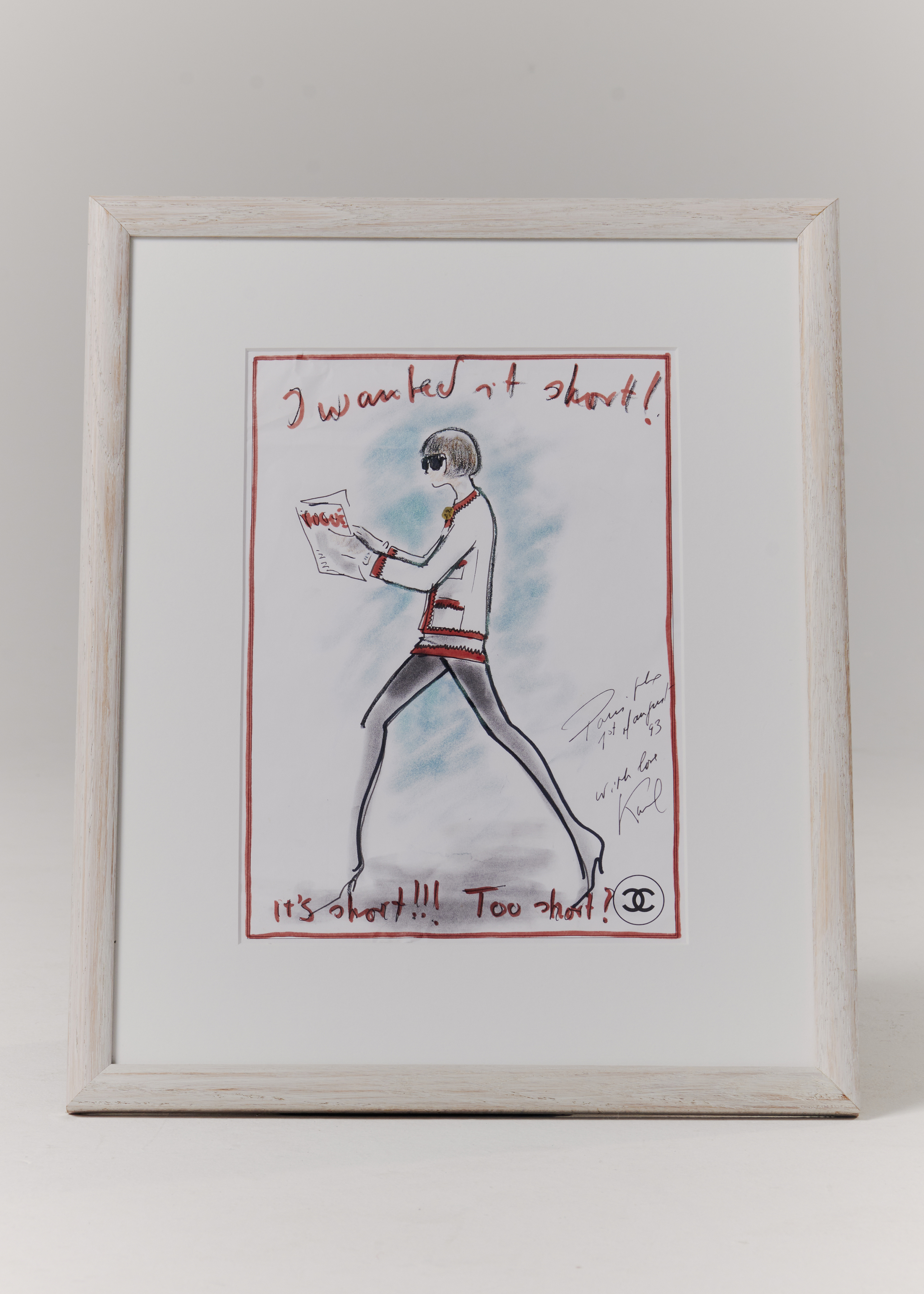 A sketch by Karl Lagerfeld of Anna Wintour wearing a short suit from the Chanel fall 1993 collection, now part of Wintour's collection, in New York, April 18, 2023. Photo / Vincent Tullo, The New York Times