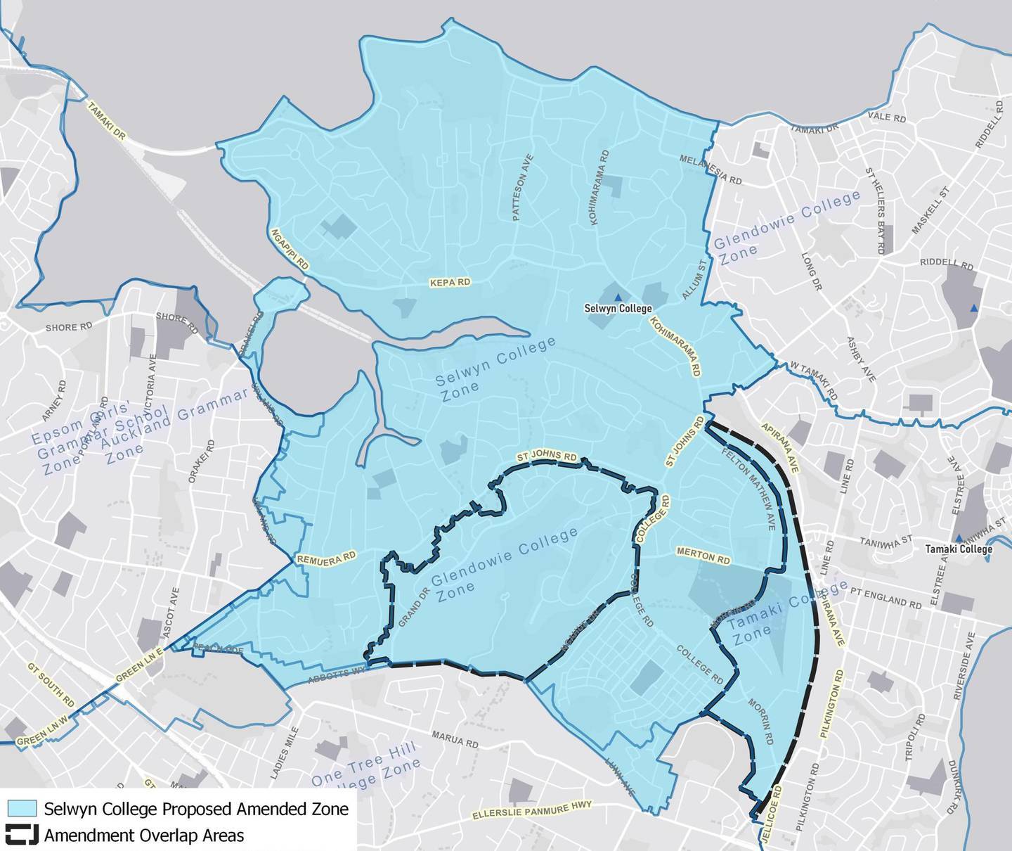 The new proposed zone for Selwyn College overlaps with Glendowie and Tāmaki College's zones. Image / Supplied

