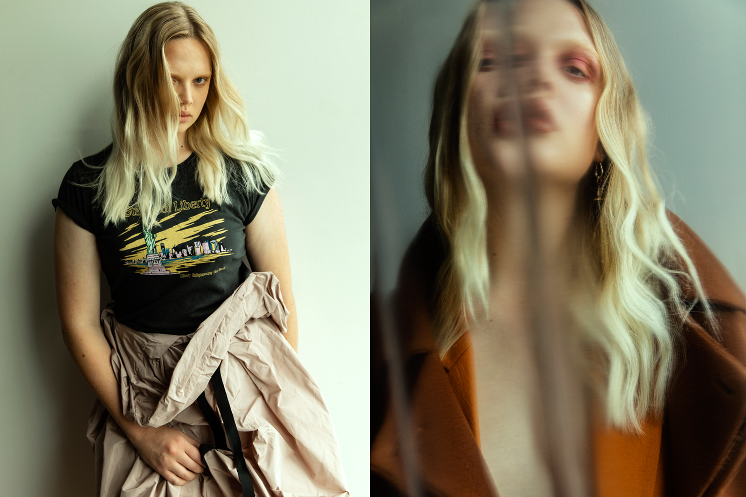 NEW CHAPTER: Re/Done t-shirt, $239, from Workshop. Dries Van Noten skirt, $1040, from Scotties (left); Cos coat $425. Gregory blazer $407. Jasmin Sparrow earrings $329 (right). Photos / Guy Coombes.