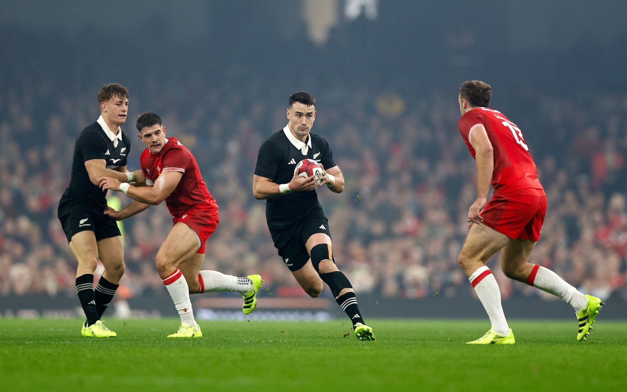 Will Jordan finds space on the run in the test against Wales, in Cardiff. Photo / Photosport