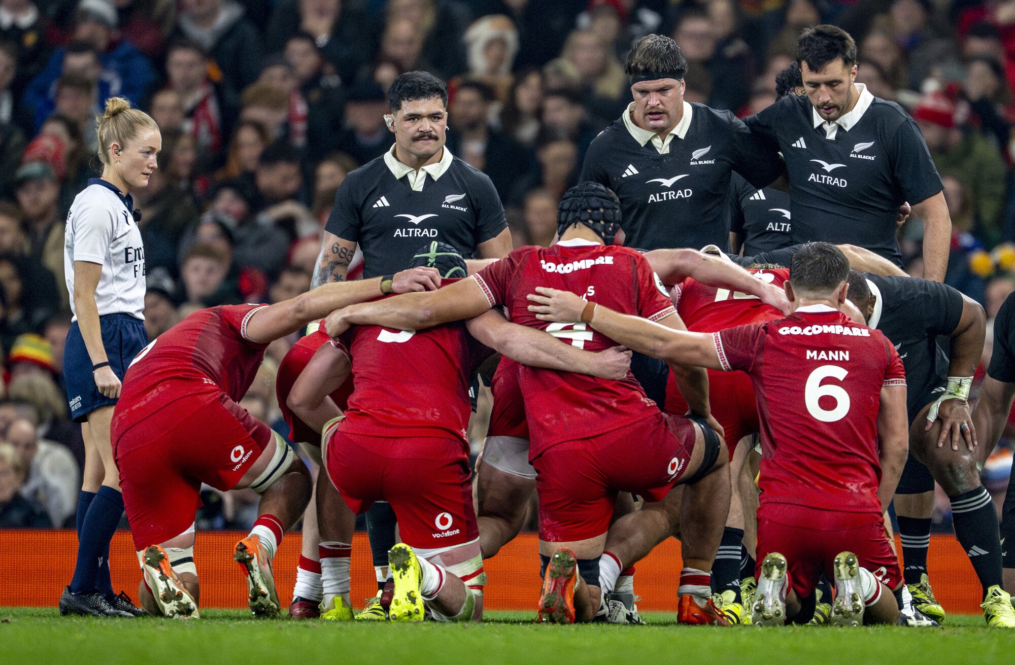All Blacks forwards Du'Plessis Kirifi, Scott Barrett and Josh Lord prepare to scrum against Wales in Cardiff. Photo / SmartFrame