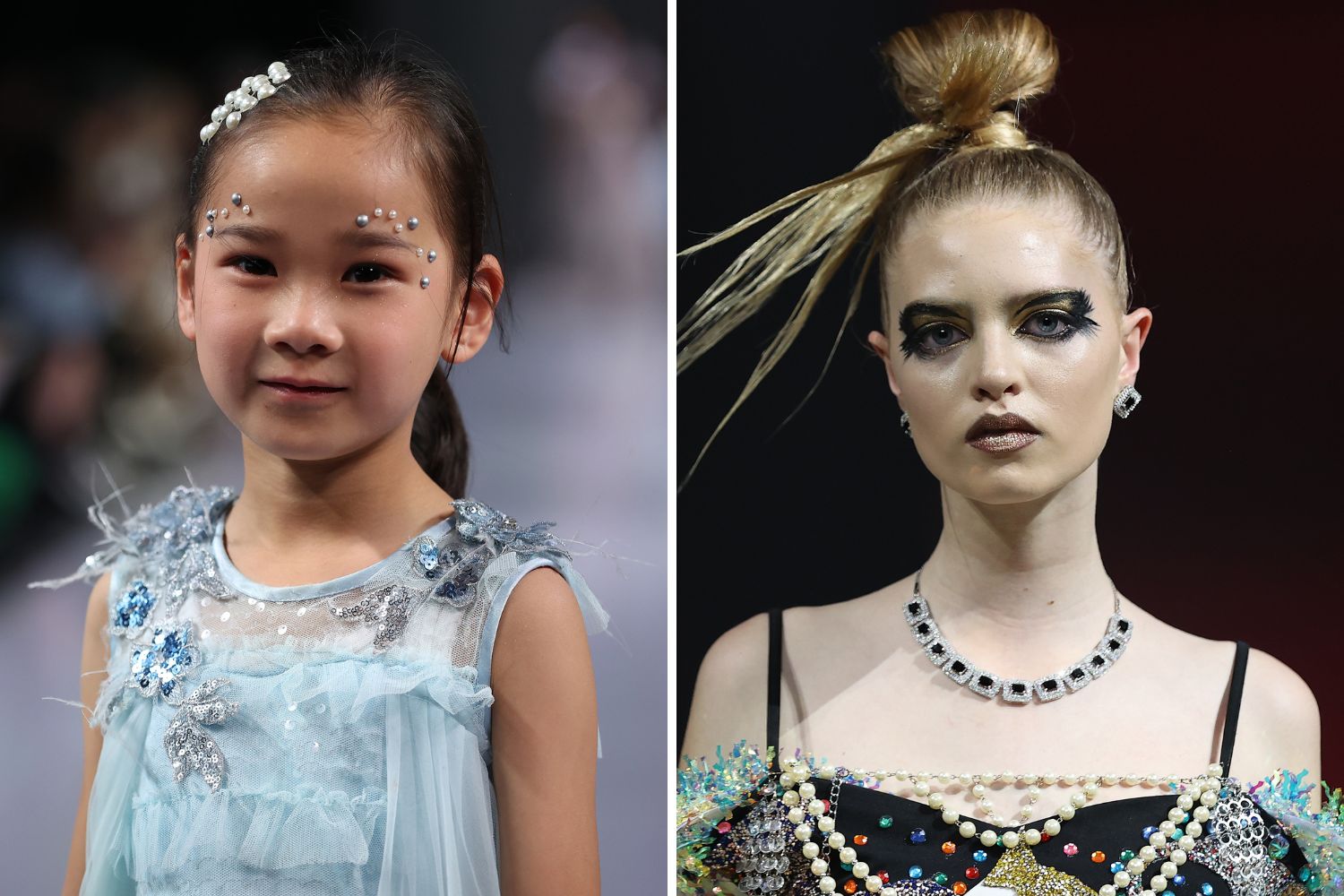 Left to right: Pretty pearl details at Samantha Zhang. Midas Touch eye makeup at Cecilia Kang. Photos / Getty Images 