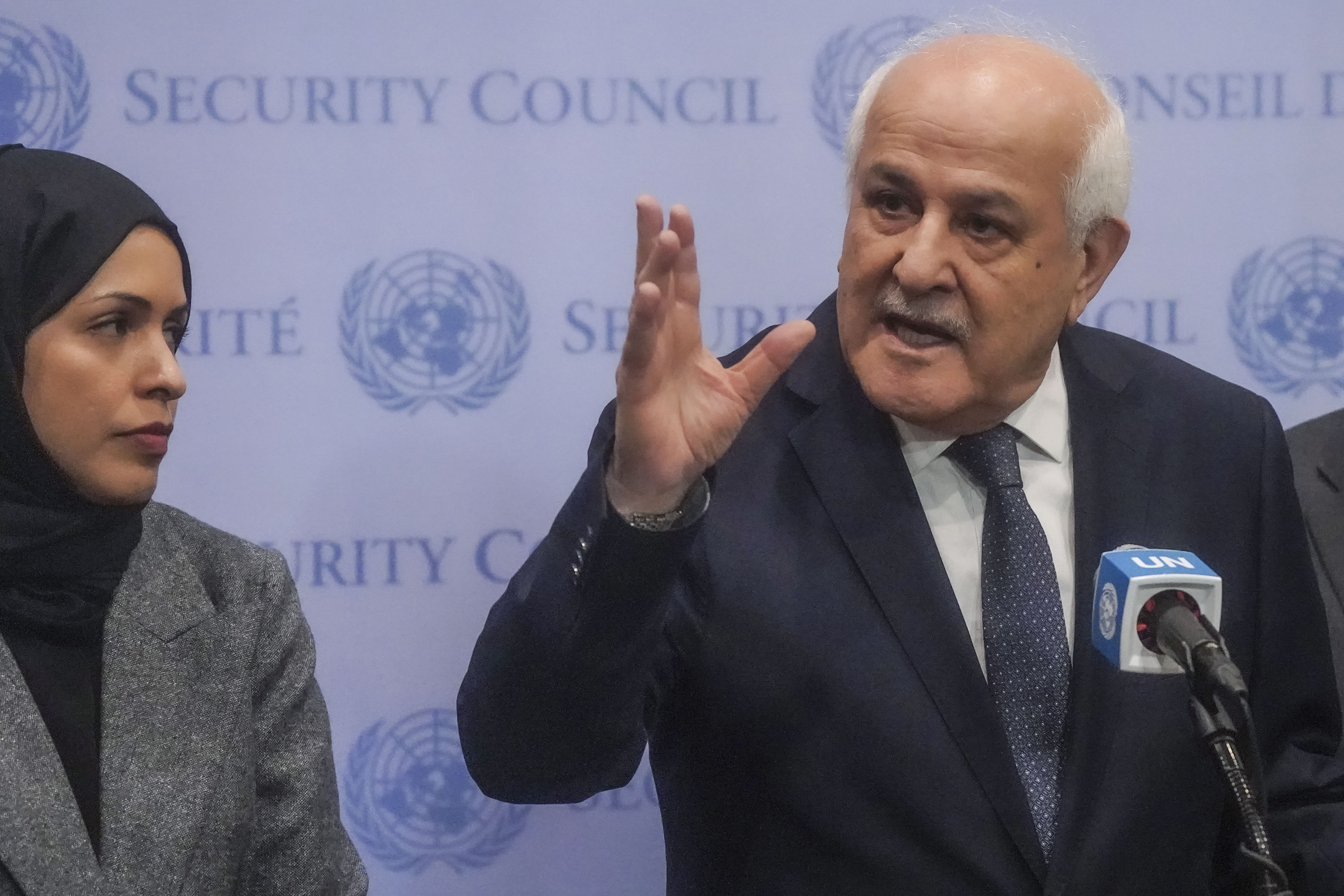Palestinian United Nations Ambassador Riyad Mansour (right) speaks during a press conference ahead of a UN General Assembly vote on a resolution calling for a ceasefire between Israel and Hamas in Gaza. Photo / AP