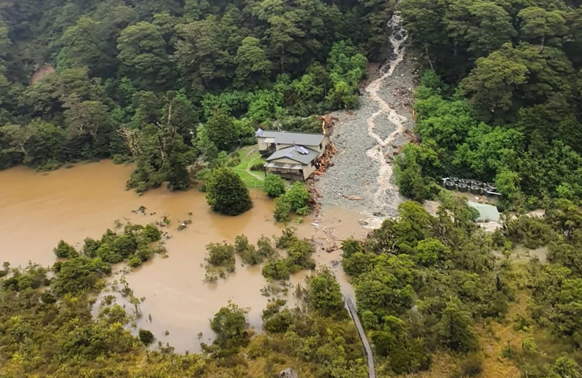 Lake Howden Hut flooding, Routeburn Track in February. Photo / supplied