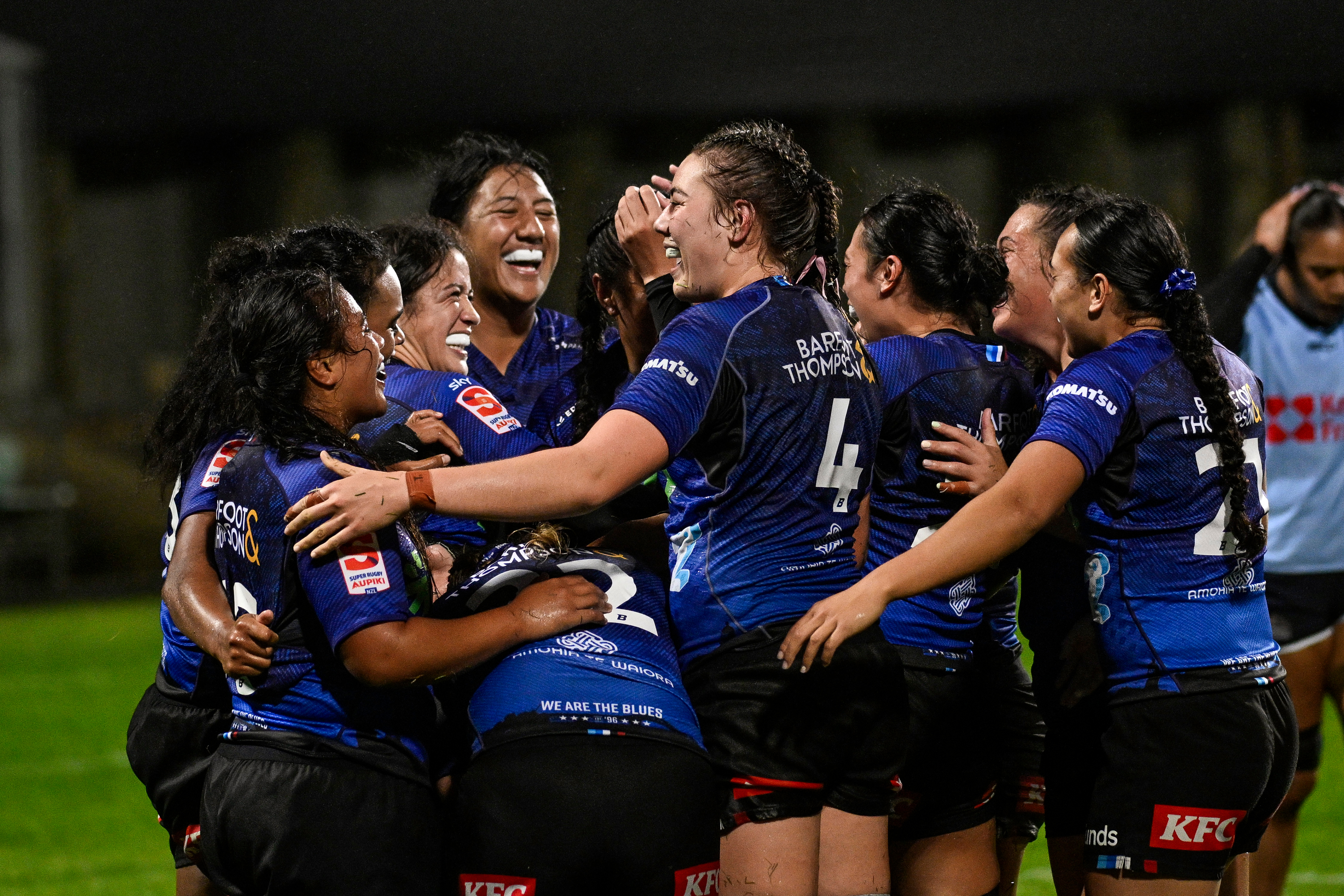 The Blues celebrate a try in the Super Rugby Aupiki final. Photo / Photosport