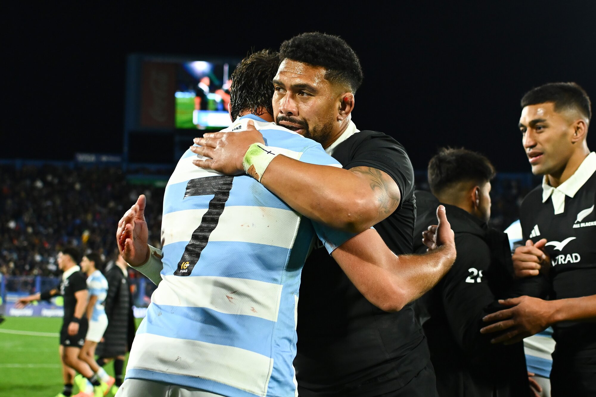 All Blacks loose forward Ardie Savea congratulates Argentina's Juan Martin Gonzalez after the test match in Buenos Aires. Photo / Photosport